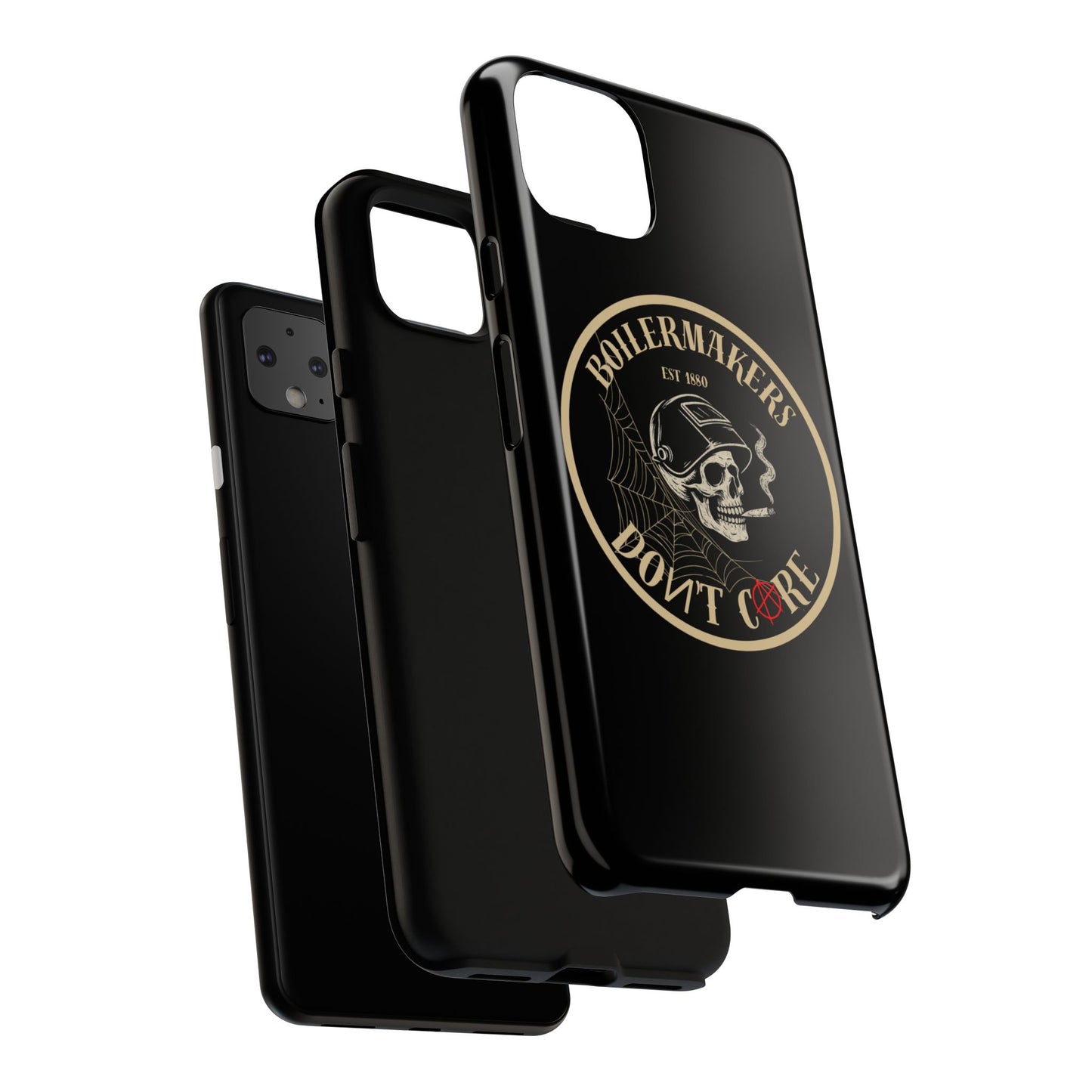 Boilermakers Don’t Care Phone Case — full-wrap skull design, drop-tested protection with attitude. Built tough for the hands that make the world work.