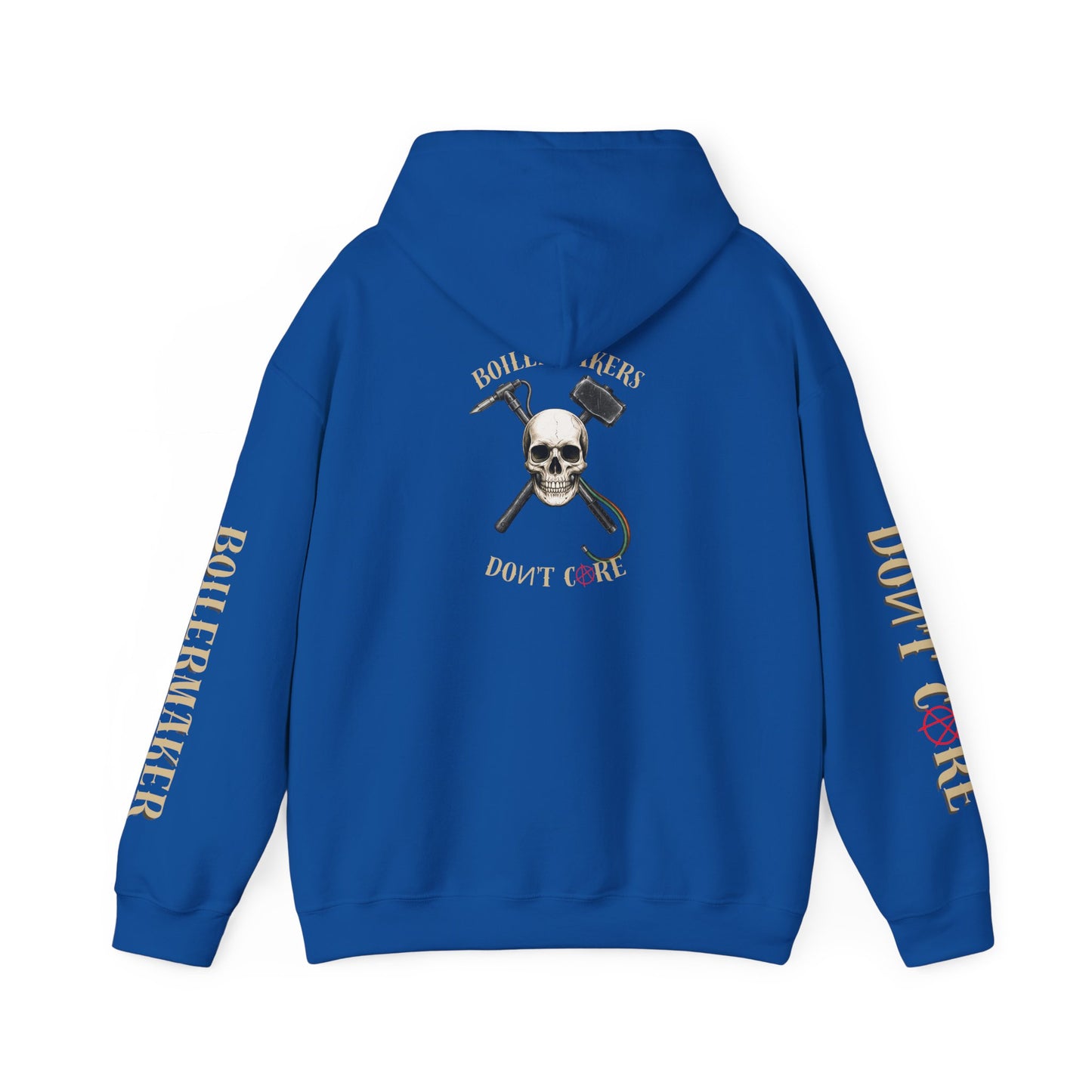 Skull “Boilermakers Don’t Care” Hoodie — full-back skull and hammer design, bold sleeve prints on both arms. The original Renn Don’t Care classic.