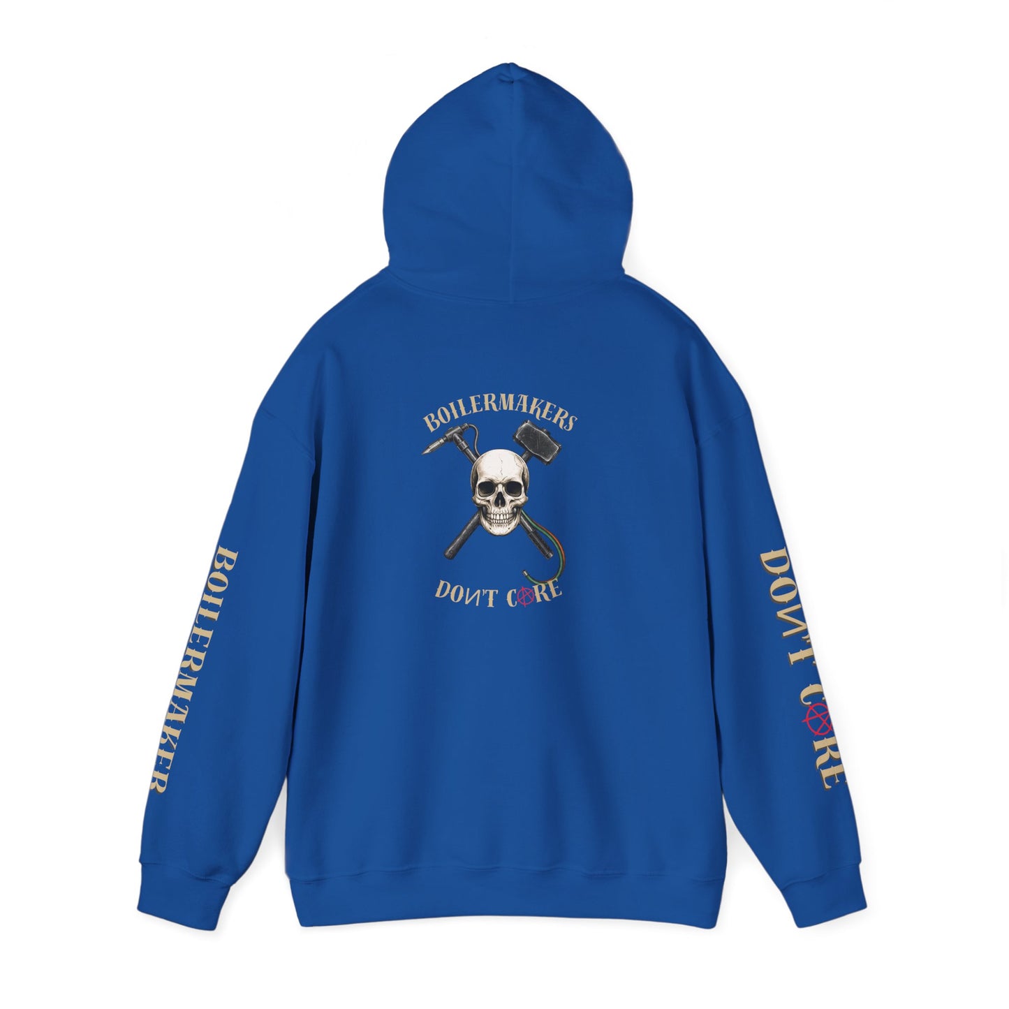 Skull “Boilermakers Don’t Care” Hoodie — full-back skull and hammer design, bold sleeve prints on both arms. The original Renn Don’t Care classic.
