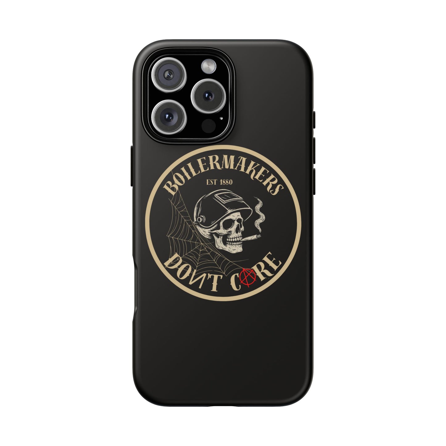 Boilermakers Don’t Care Phone Case — full-wrap skull design, drop-tested protection with attitude. Built tough for the hands that make the world work.