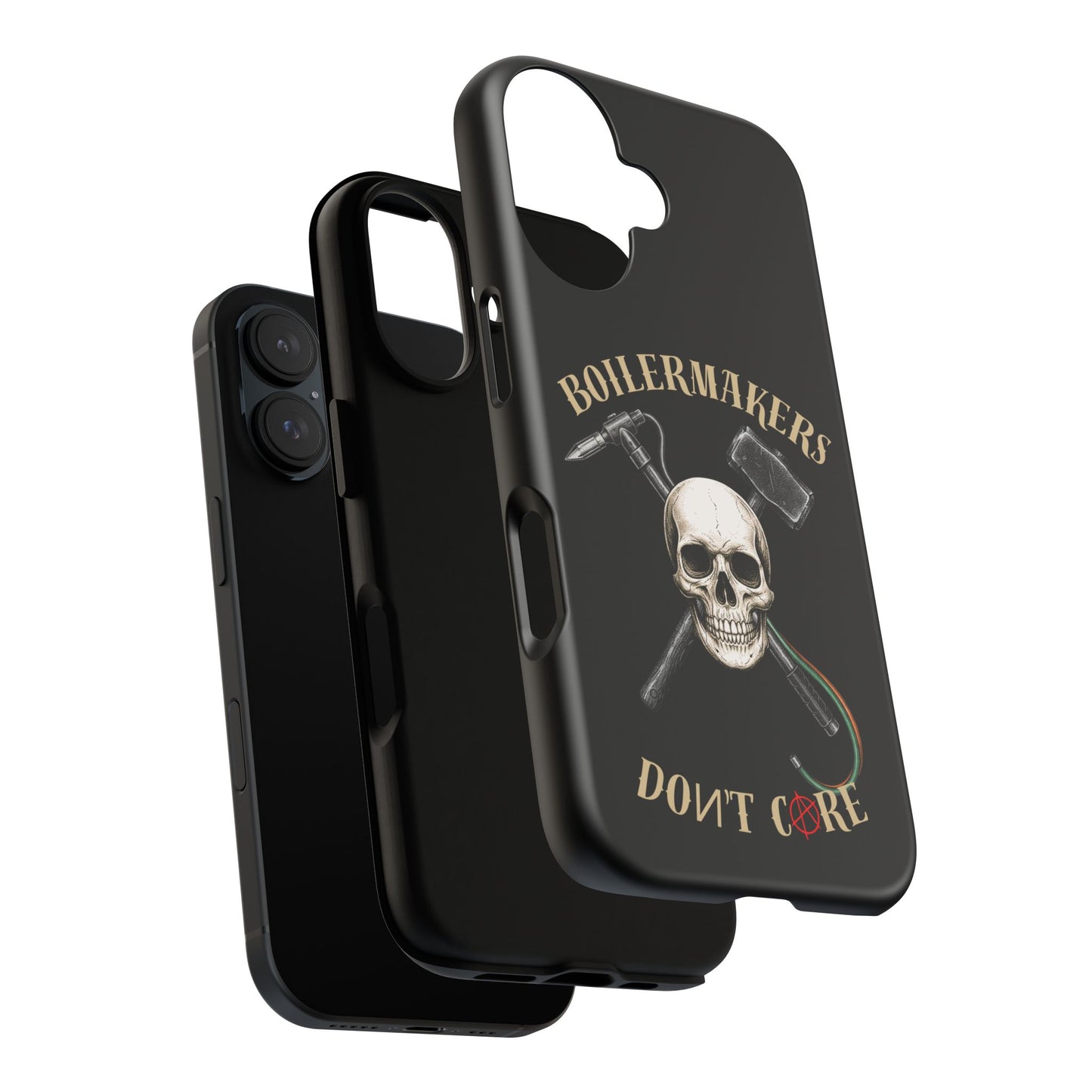 Boilermakers Don’t Care Tough Case — skull-and-hammer design, full-wrap protection built for the hard hands who keep the world running.