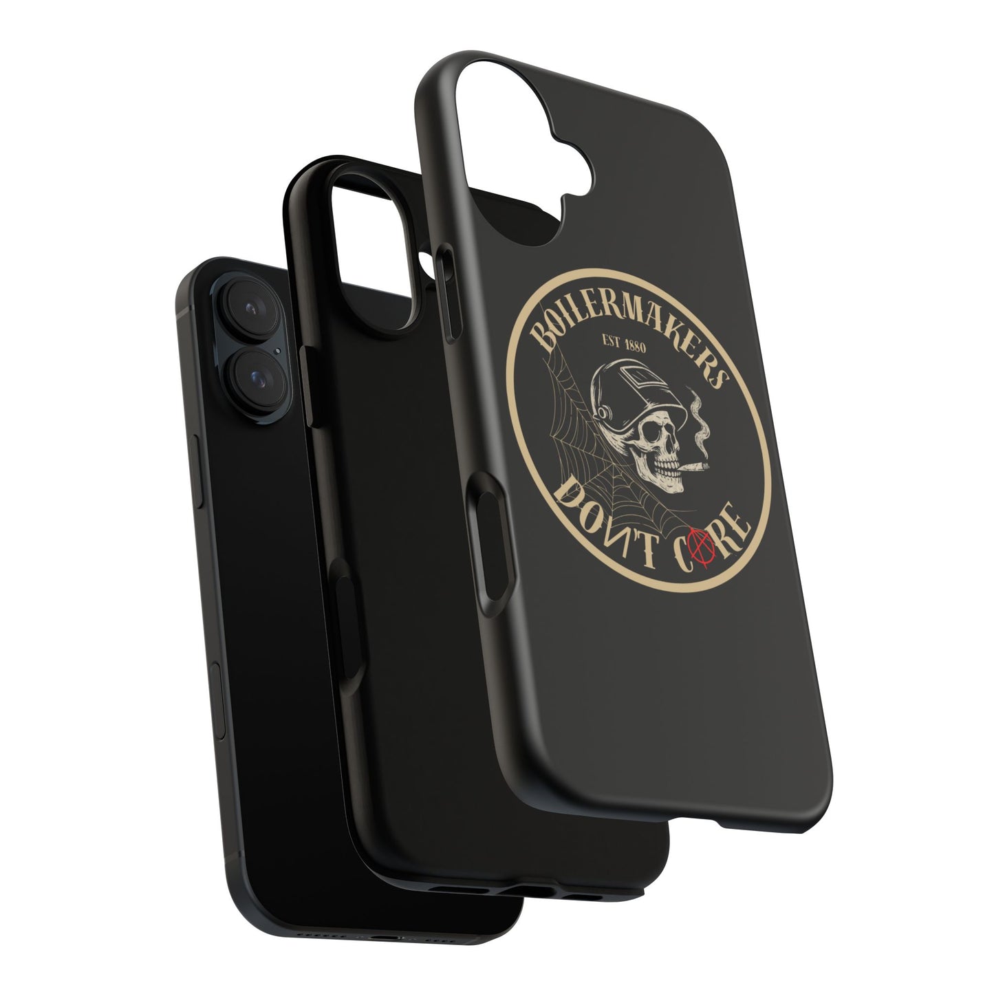 Boilermakers Don’t Care Phone Case — full-wrap skull design, drop-tested protection with attitude. Built tough for the hands that make the world work.