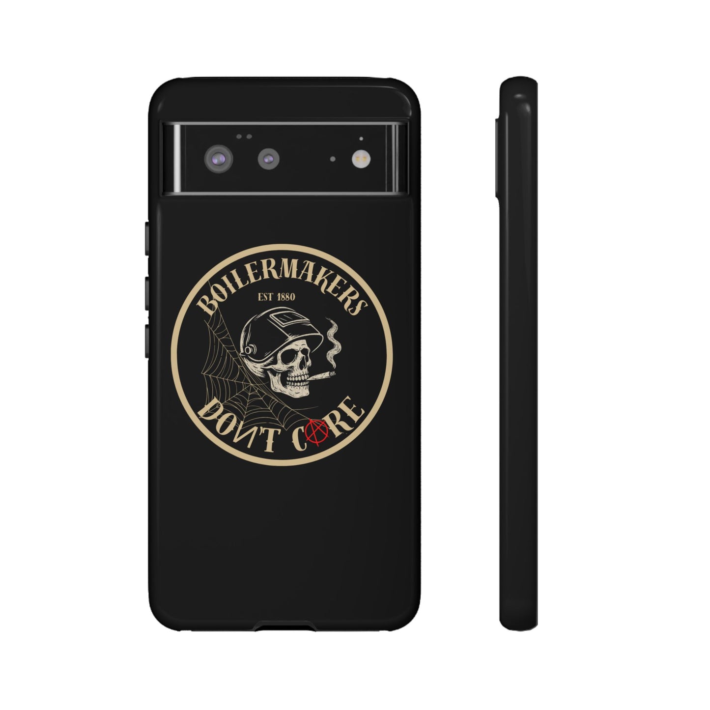Boilermakers Don’t Care Phone Case — full-wrap skull design, drop-tested protection with attitude. Built tough for the hands that make the world work.