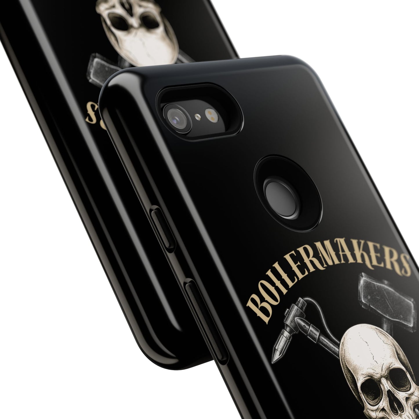 Boilermakers Don’t Care Tough Case — skull-and-hammer design, full-wrap protection built for the hard hands who keep the world running.
