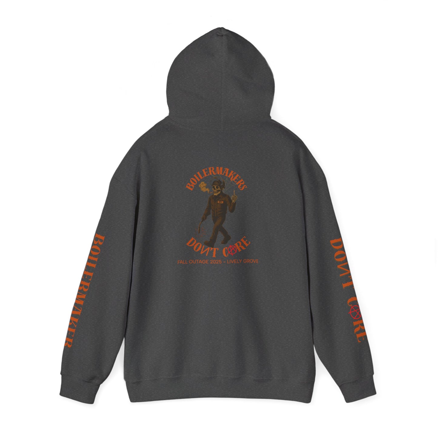 Skeleton “Don’t Care” Hoodie — Lively Grove Edition. Featuring a full-back skeleton design, Boilermaker and Don’t Care sleeve prints, built for the Fall Outage 2025 crew.