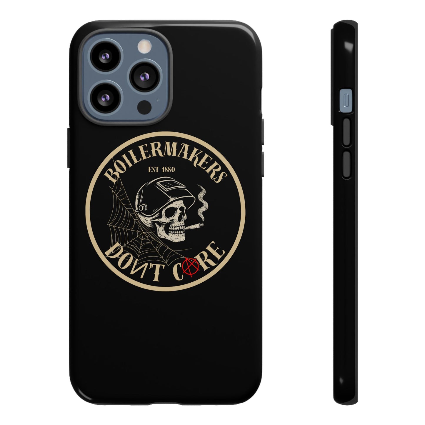Boilermakers Don’t Care Phone Case — full-wrap skull design, drop-tested protection with attitude. Built tough for the hands that make the world work.