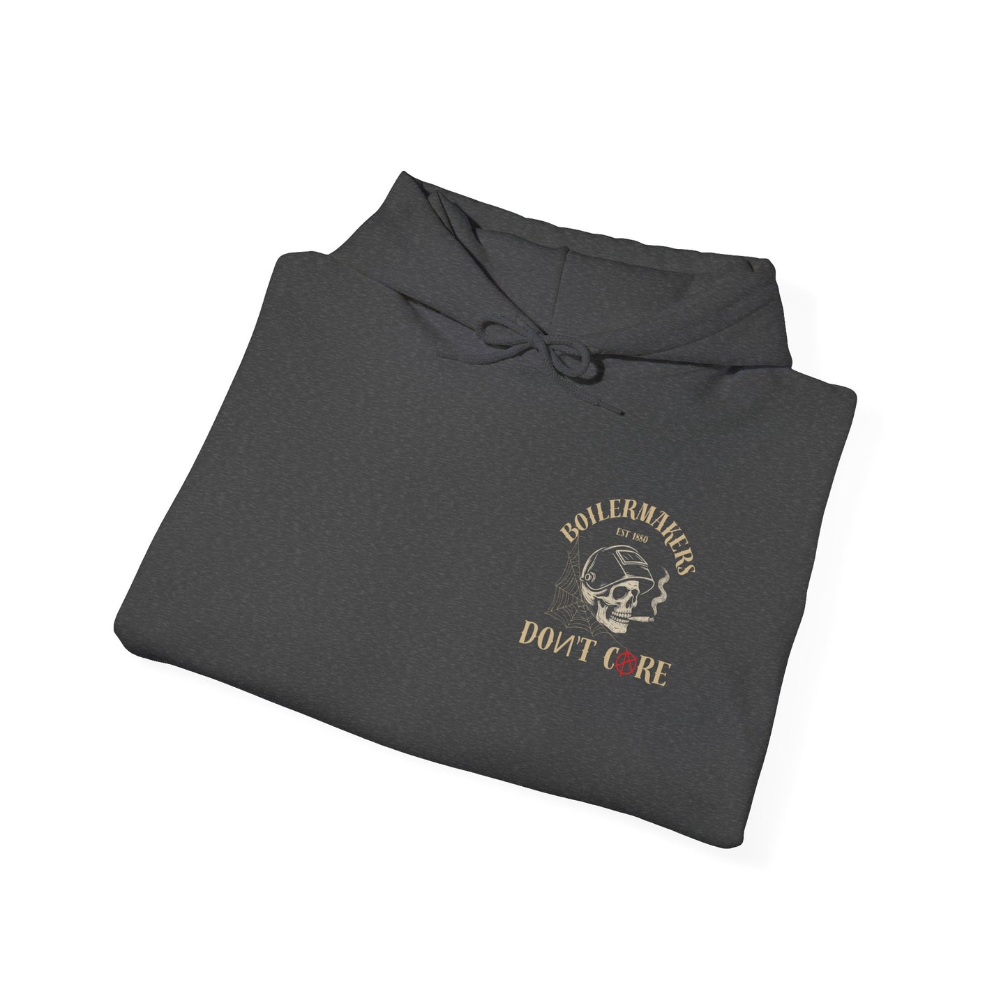 Skull “Boilermakers Don’t Care” Hoodie — full-back skull and hammer design, bold sleeve prints on both arms. The original Renn Don’t Care classic.