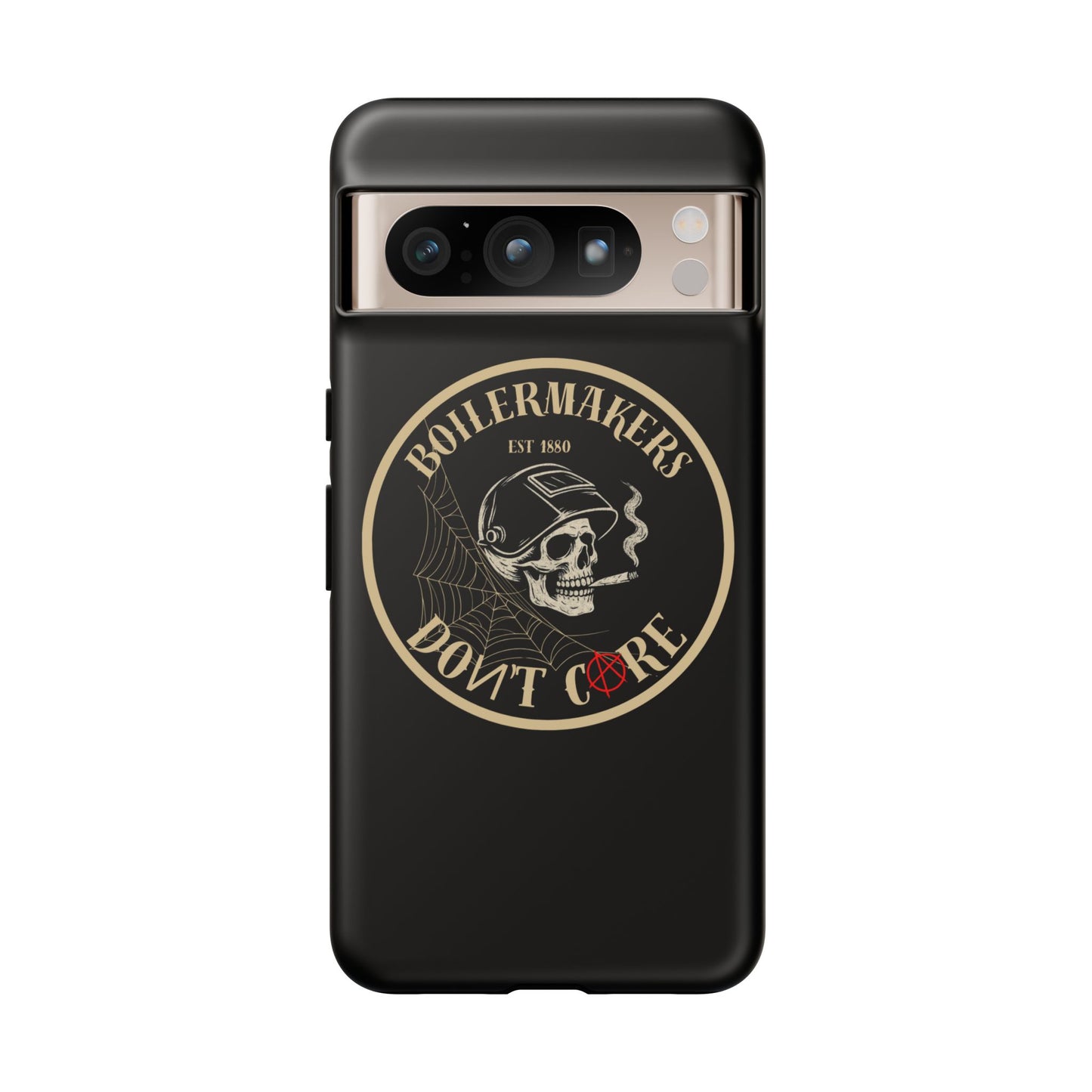 Boilermakers Don’t Care Phone Case — full-wrap skull design, drop-tested protection with attitude. Built tough for the hands that make the world work.