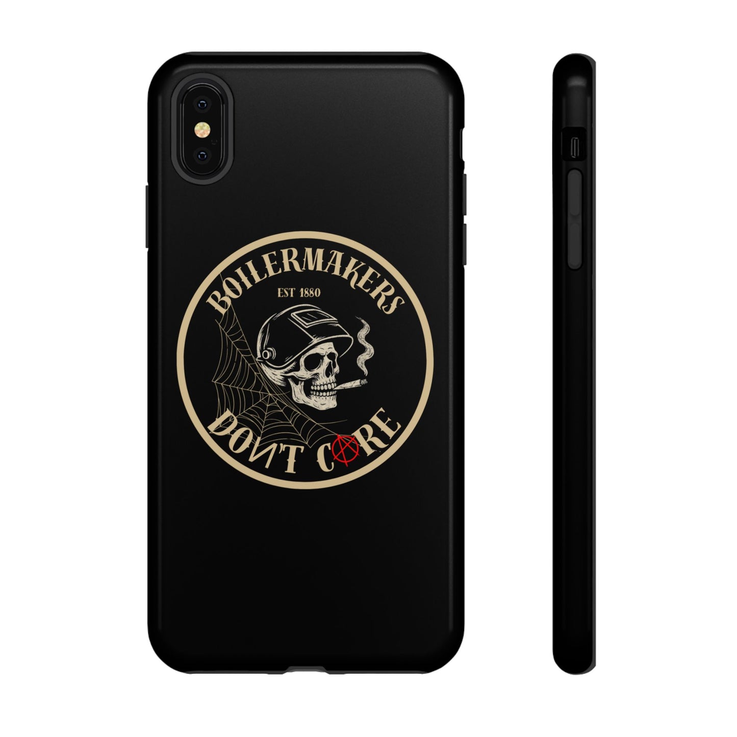 Boilermakers Don’t Care Phone Case — full-wrap skull design, drop-tested protection with attitude. Built tough for the hands that make the world work.