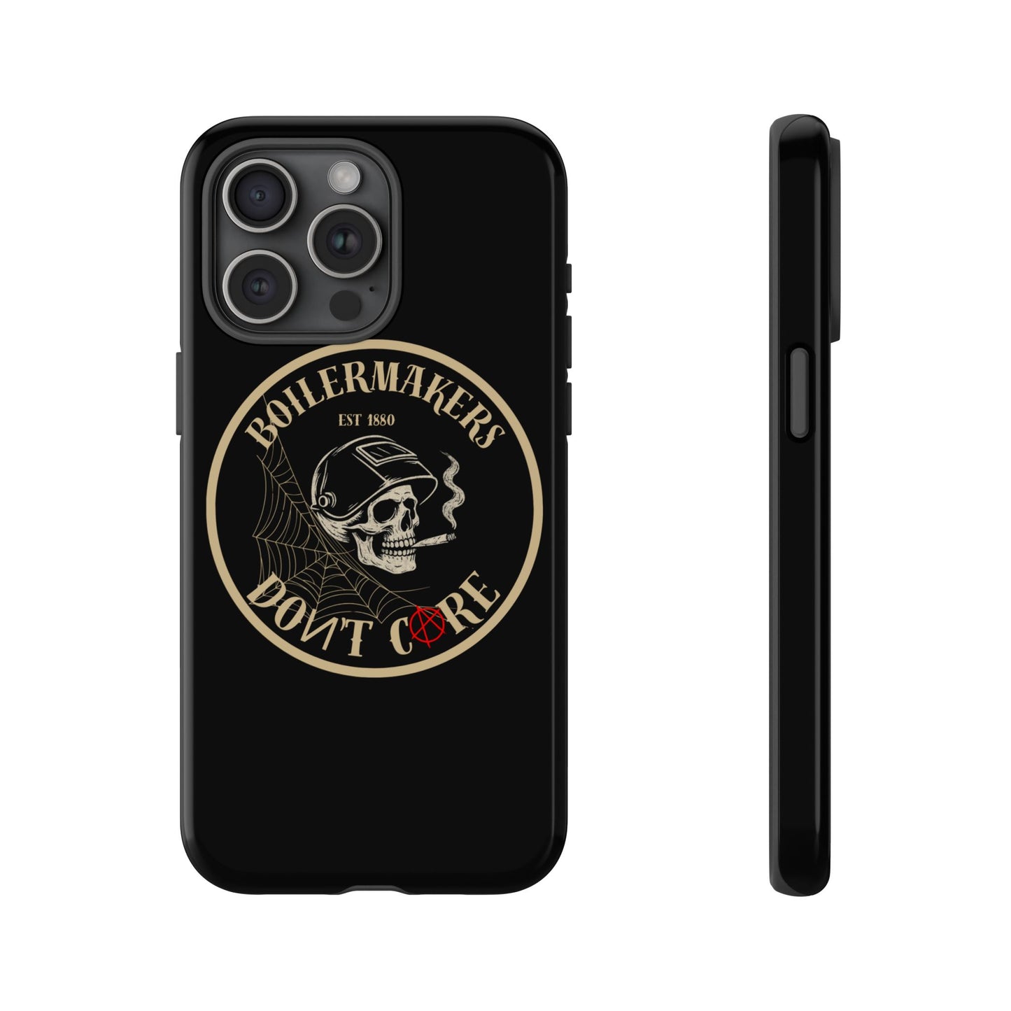 Boilermakers Don’t Care Phone Case — full-wrap skull design, drop-tested protection with attitude. Built tough for the hands that make the world work.