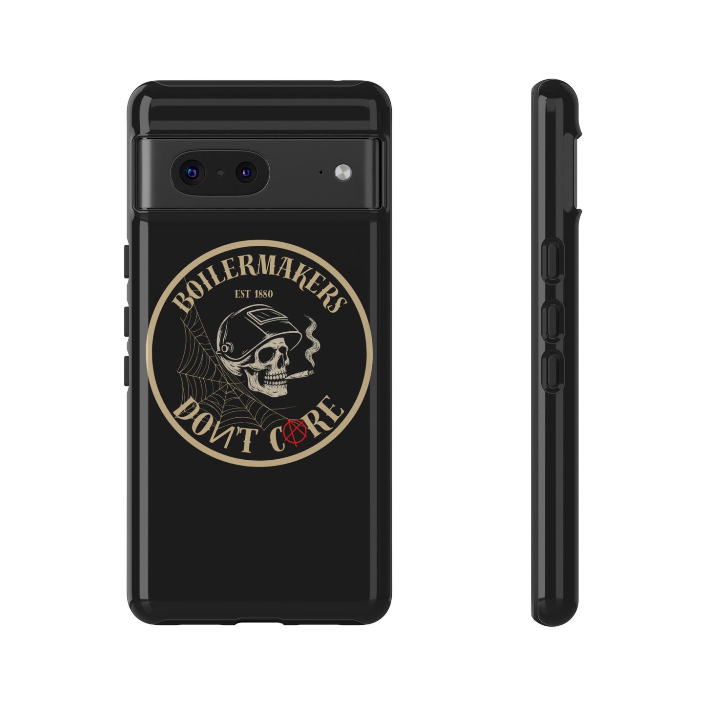 Boilermakers Don’t Care Phone Case — full-wrap skull design, drop-tested protection with attitude. Built tough for the hands that make the world work.