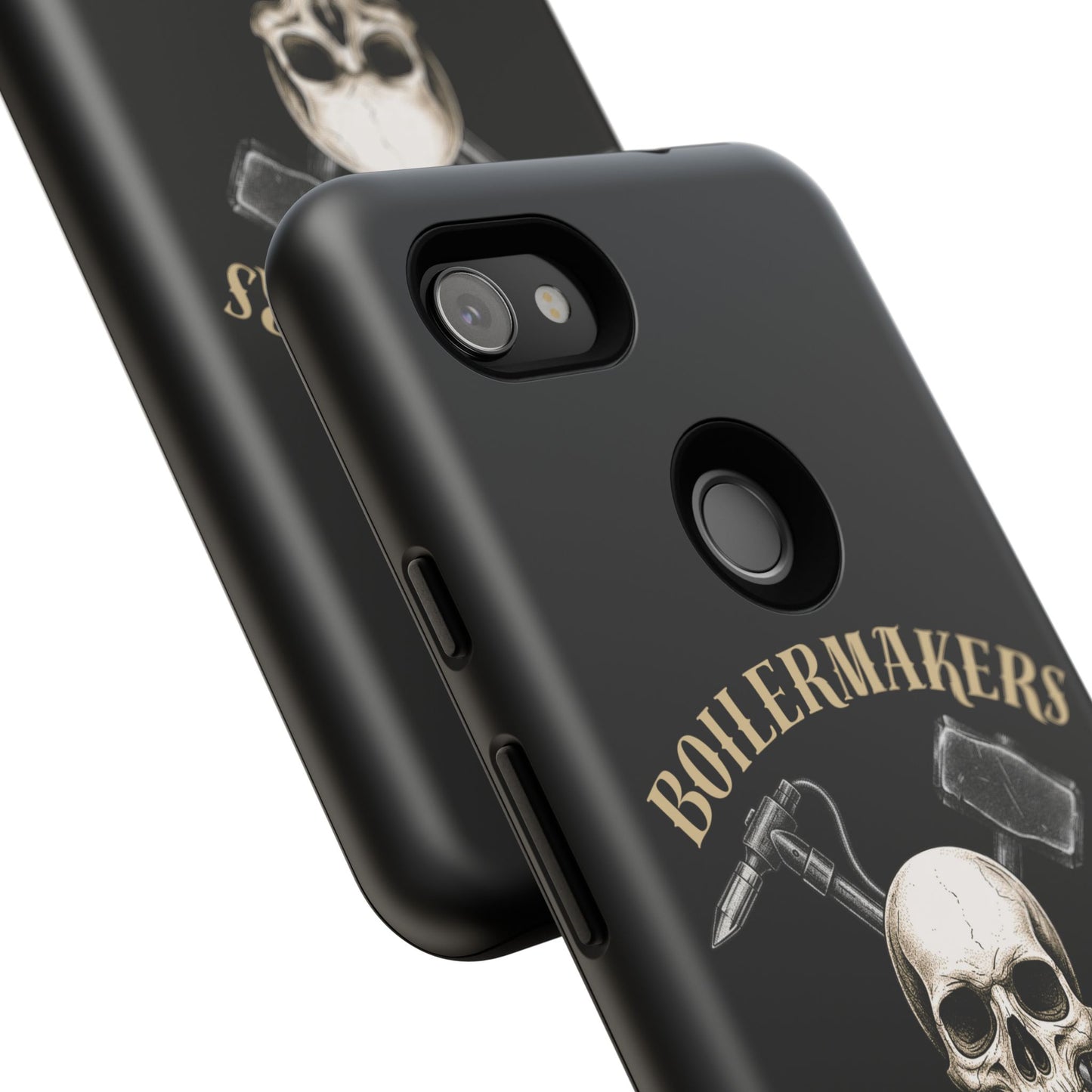 Boilermakers Don’t Care Tough Case — skull-and-hammer design, full-wrap protection built for the hard hands who keep the world running.