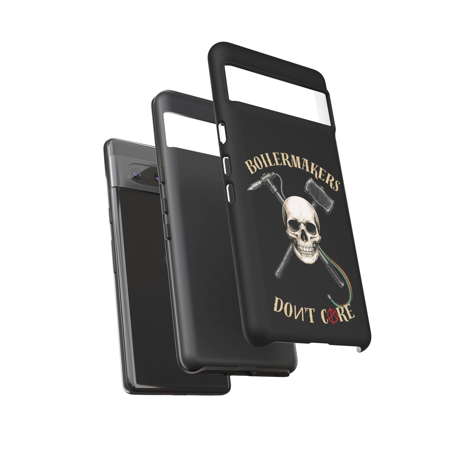 Boilermakers Don’t Care Tough Case — skull-and-hammer design, full-wrap protection built for the hard hands who keep the world running.