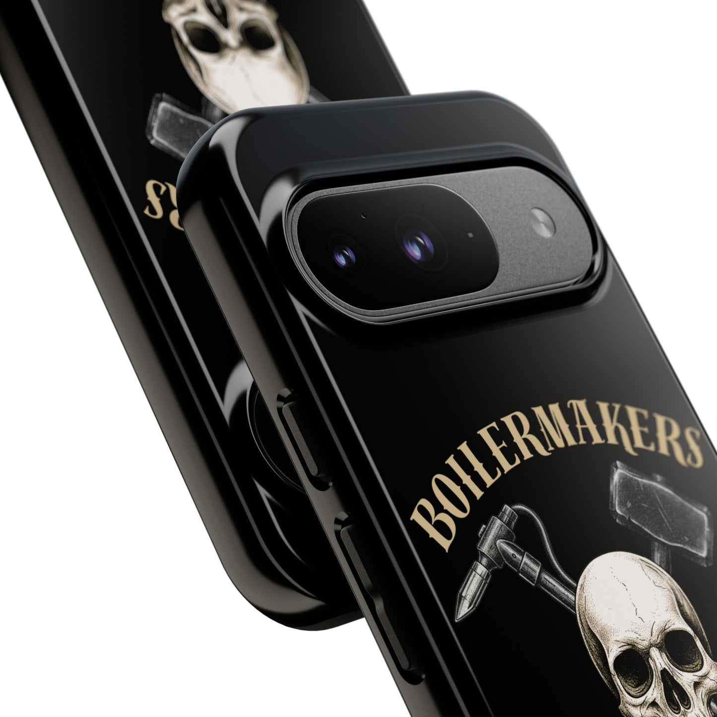Boilermakers Don’t Care Tough Case — skull-and-hammer design, full-wrap protection built for the hard hands who keep the world running.