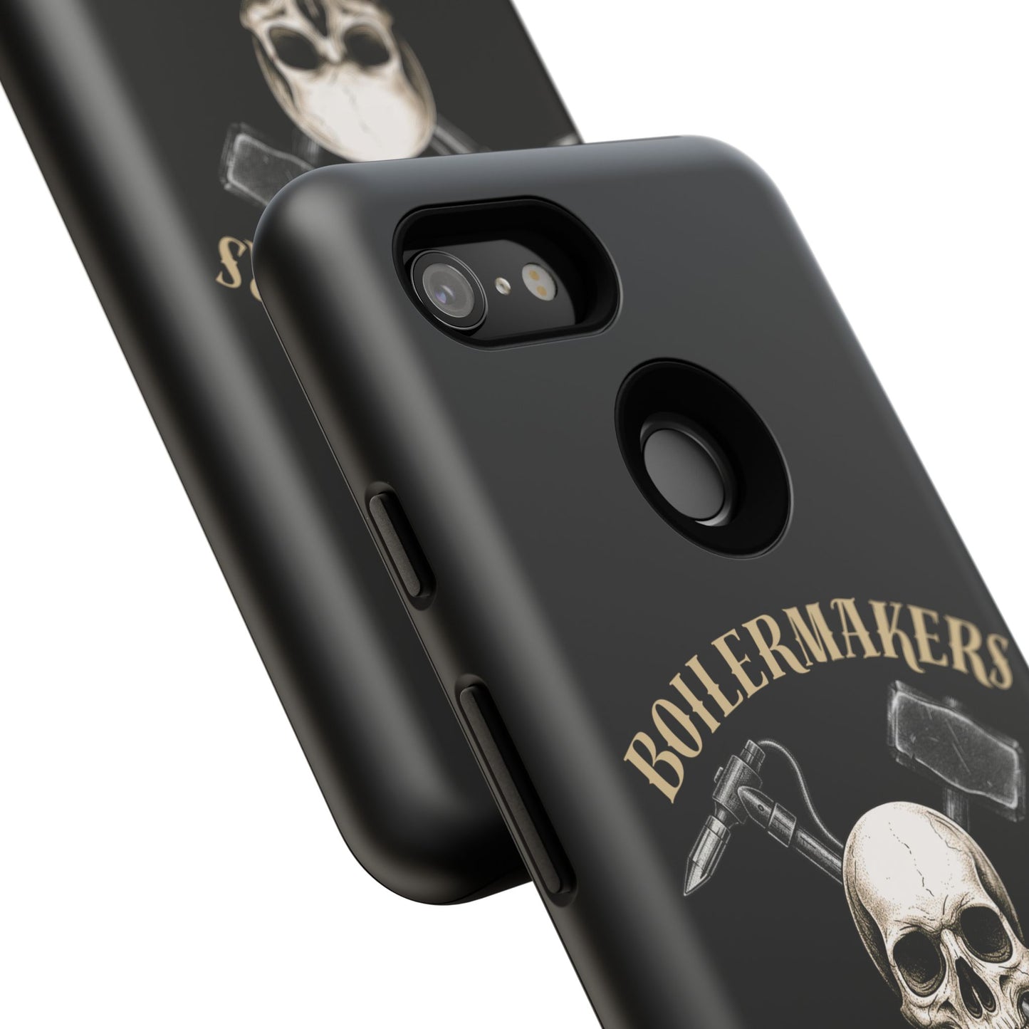 Boilermakers Don’t Care Tough Case — skull-and-hammer design, full-wrap protection built for the hard hands who keep the world running.