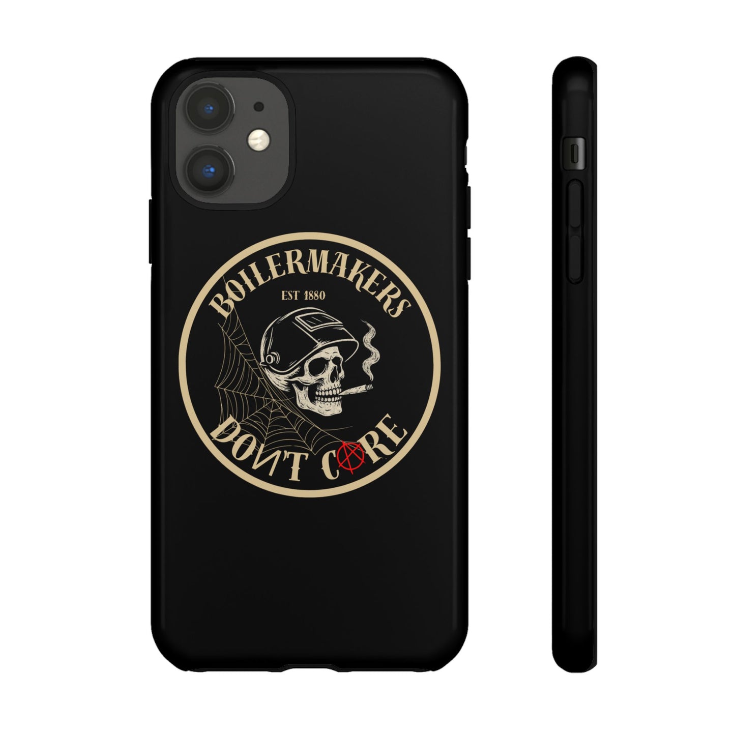 Boilermakers Don’t Care Phone Case — full-wrap skull design, drop-tested protection with attitude. Built tough for the hands that make the world work.