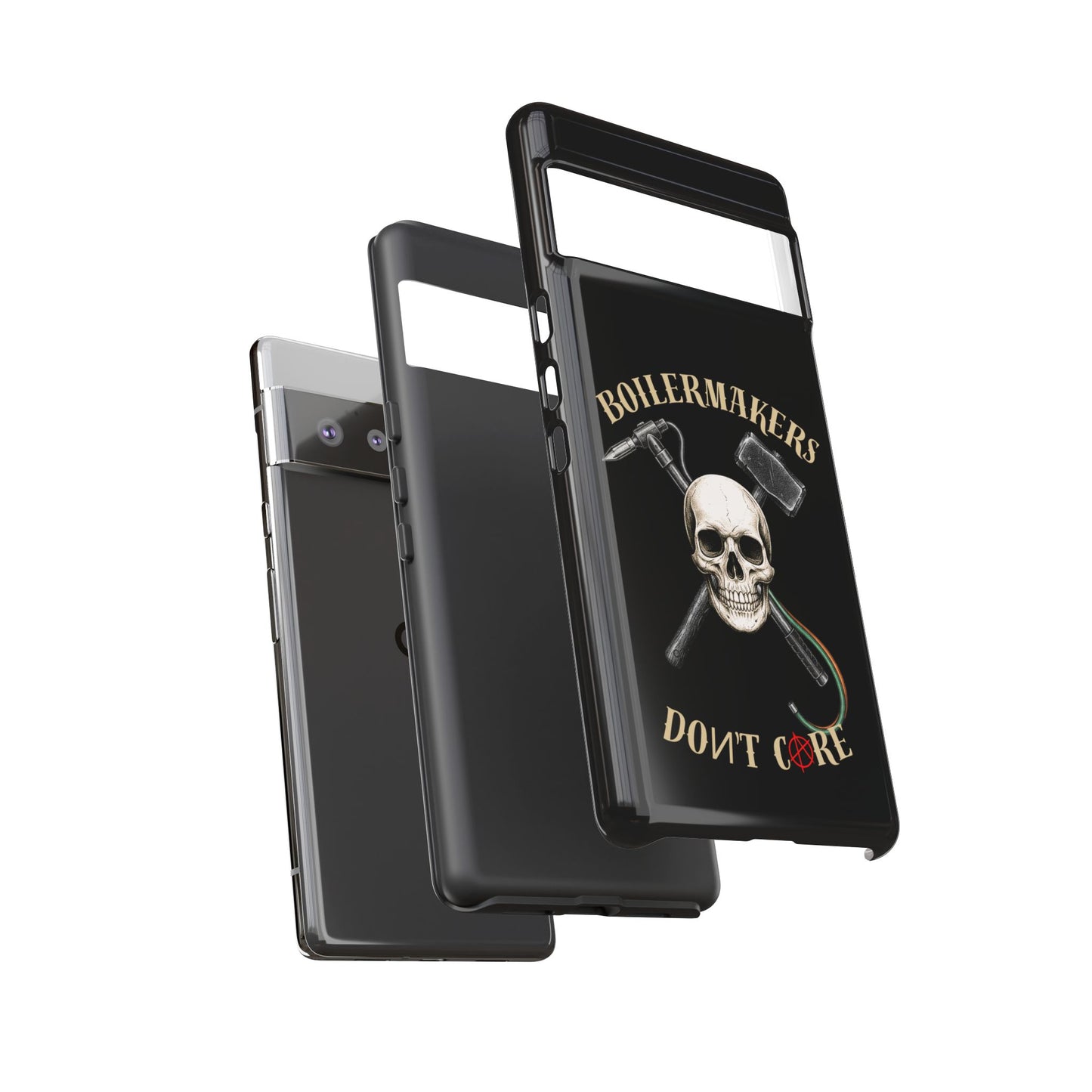 Boilermakers Don’t Care Tough Case — skull-and-hammer design, full-wrap protection built for the hard hands who keep the world running.
