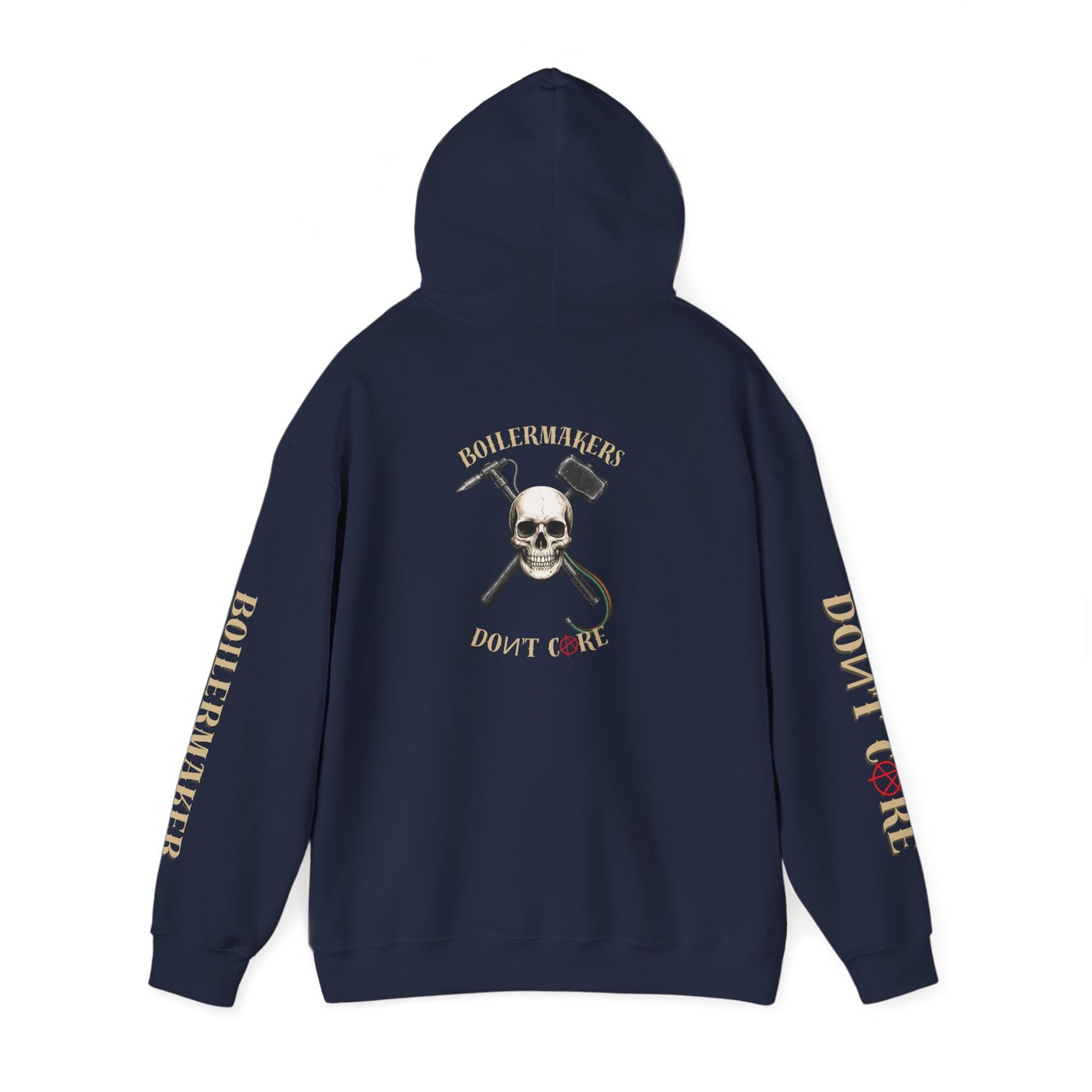 Skull “Boilermakers Don’t Care” Hoodie — full-back skull and hammer design, bold sleeve prints on both arms. The original Renn Don’t Care classic.