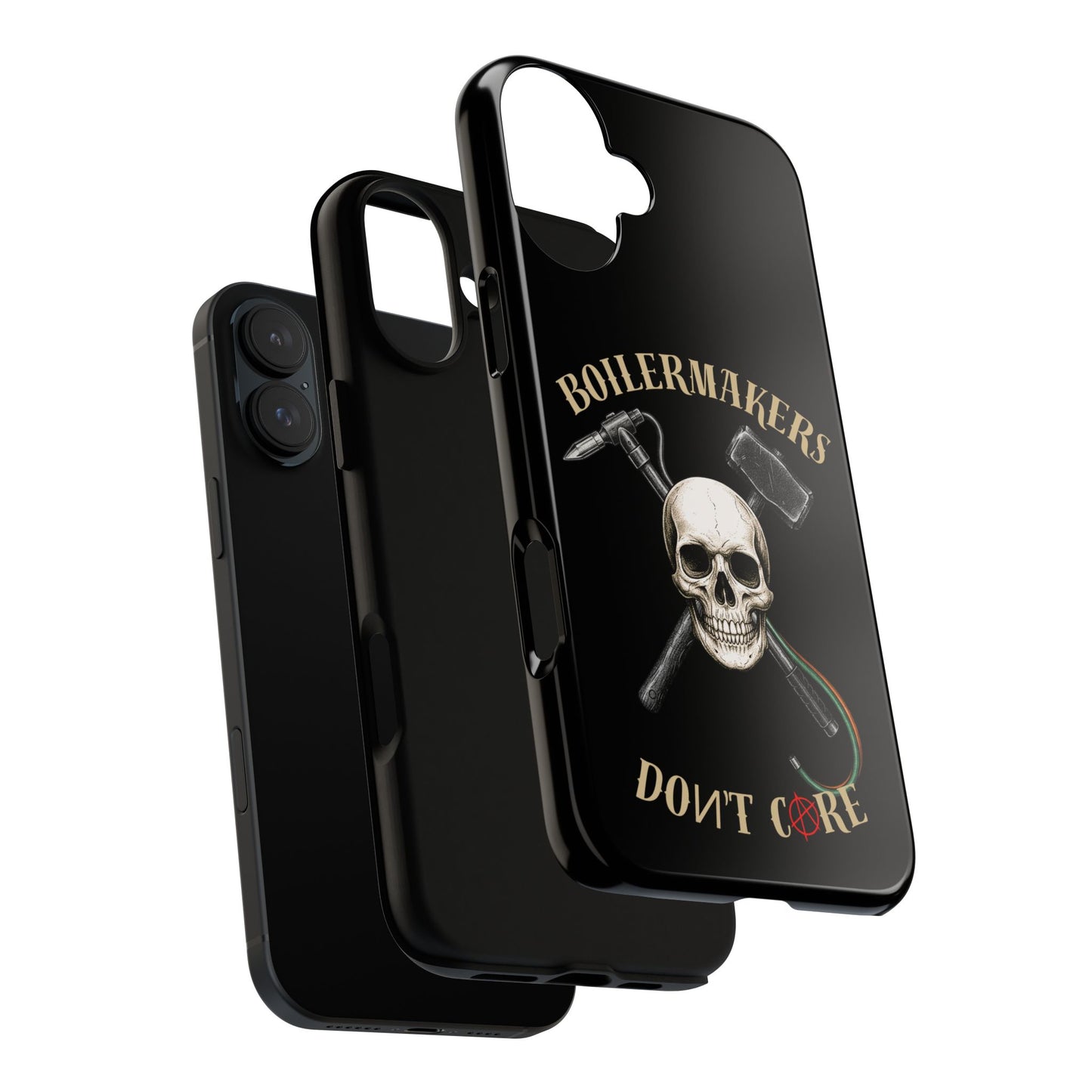 Boilermakers Don’t Care Tough Case — skull-and-hammer design, full-wrap protection built for the hard hands who keep the world running.