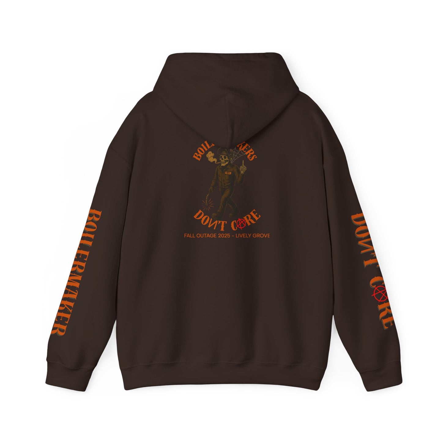 Skeleton “Don’t Care” Hoodie — Lively Grove Edition. Featuring a full-back skeleton design, Boilermaker and Don’t Care sleeve prints, built for the Fall Outage 2025 crew.
