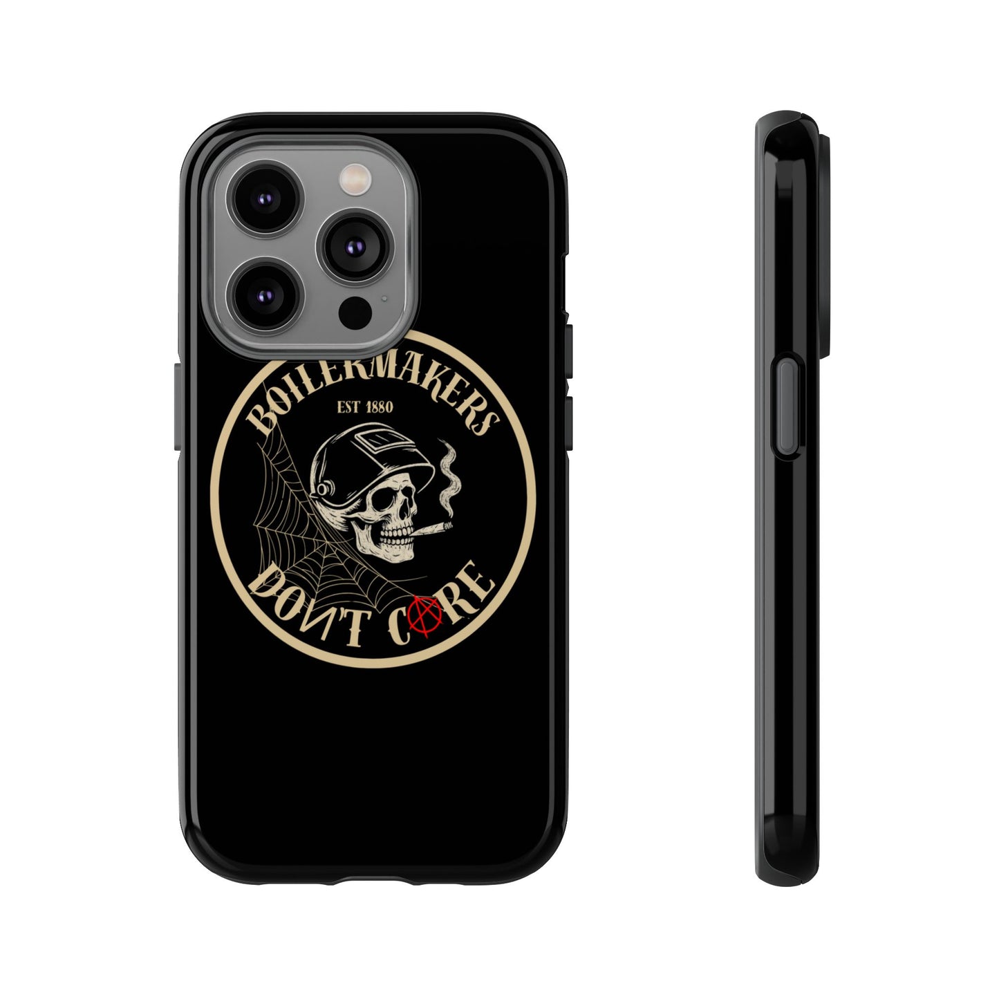 Boilermakers Don’t Care Phone Case — full-wrap skull design, drop-tested protection with attitude. Built tough for the hands that make the world work.
