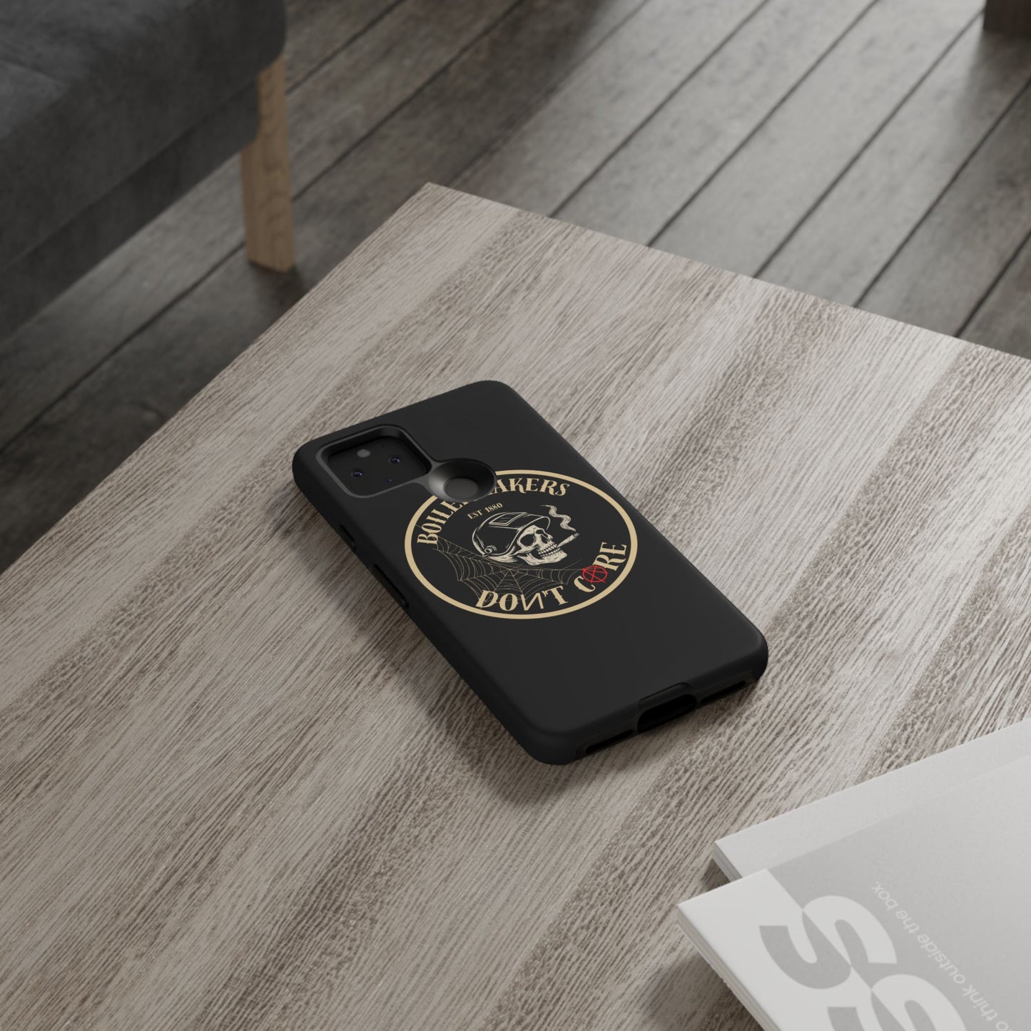 Boilermakers Don’t Care Phone Case — full-wrap skull design, drop-tested protection with attitude. Built tough for the hands that make the world work.