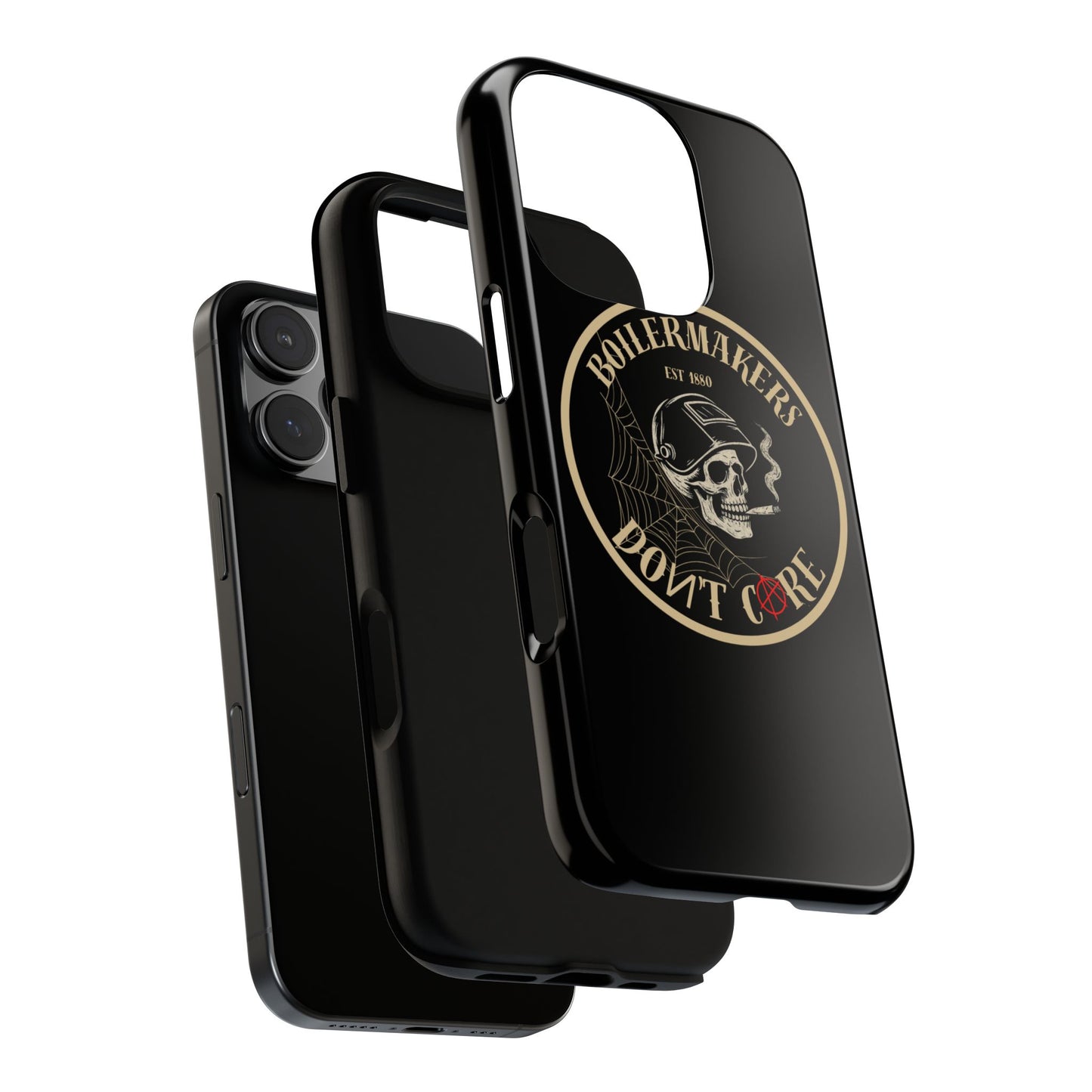 Boilermakers Don’t Care Phone Case — full-wrap skull design, drop-tested protection with attitude. Built tough for the hands that make the world work.
