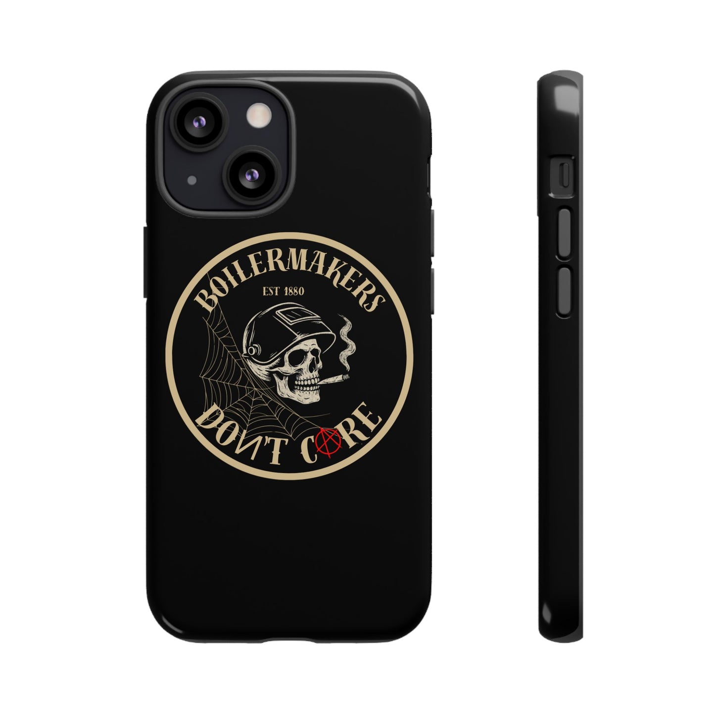 Boilermakers Don’t Care Phone Case — full-wrap skull design, drop-tested protection with attitude. Built tough for the hands that make the world work.