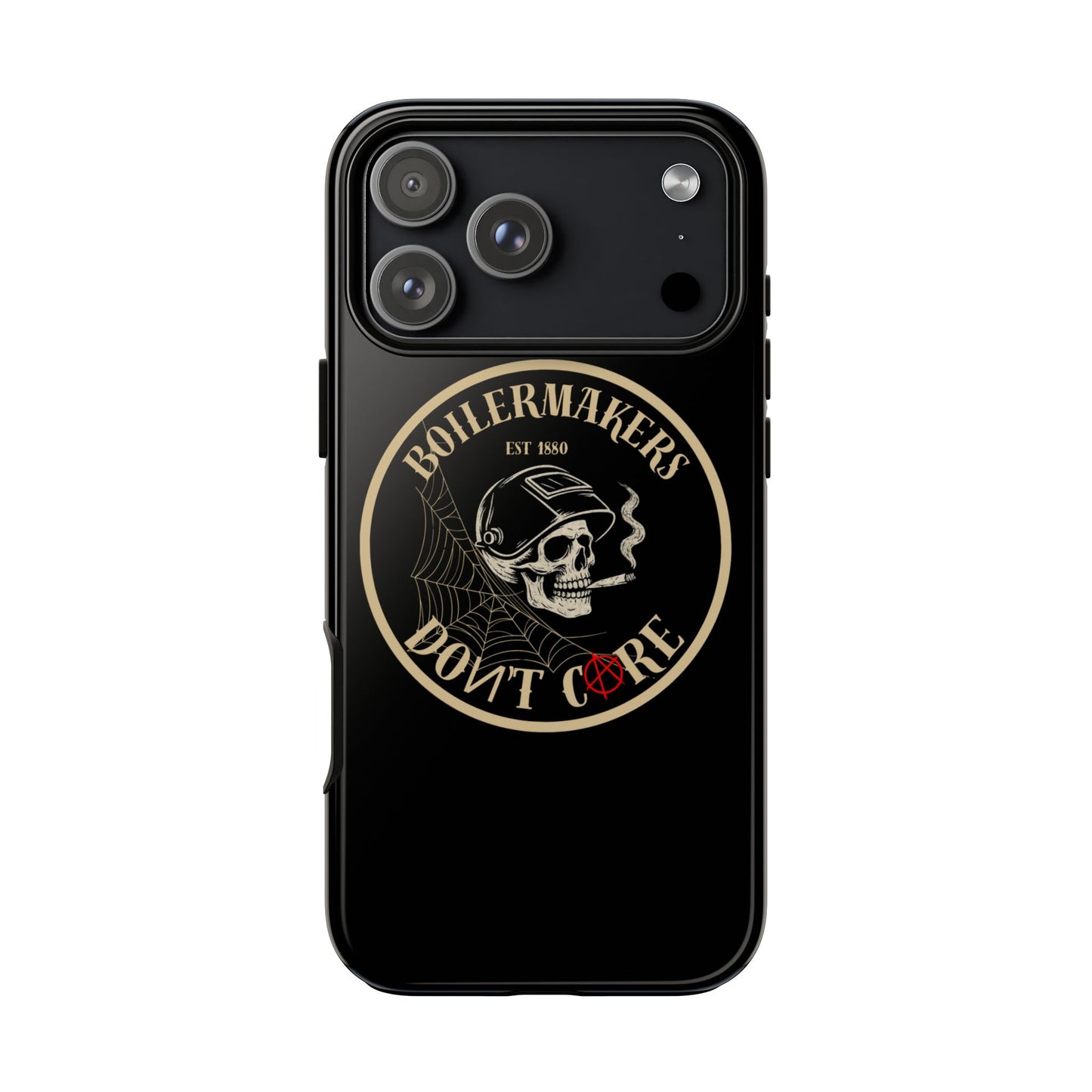 Boilermakers Don’t Care Phone Case — full-wrap skull design, drop-tested protection with attitude. Built tough for the hands that make the world work.