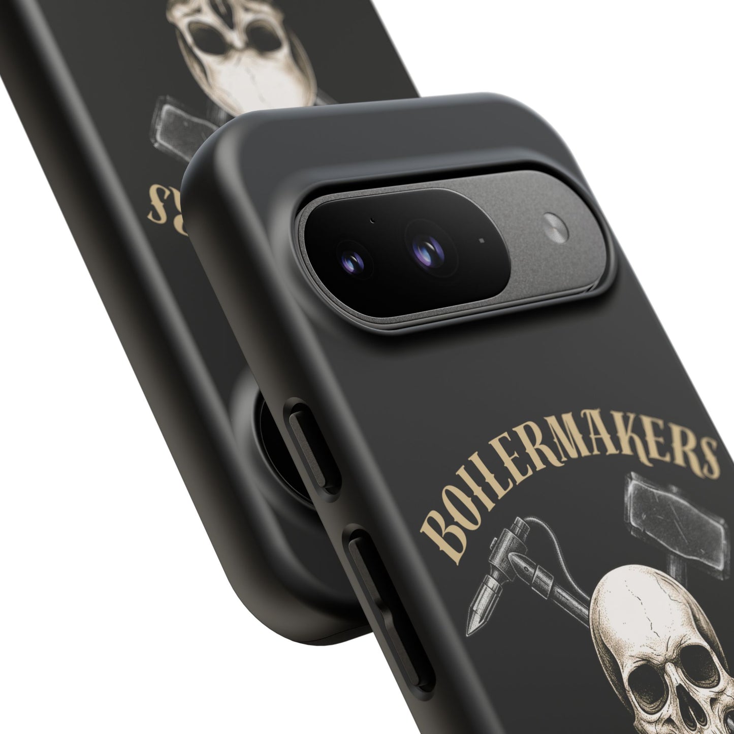 Boilermakers Don’t Care Tough Case — skull-and-hammer design, full-wrap protection built for the hard hands who keep the world running.