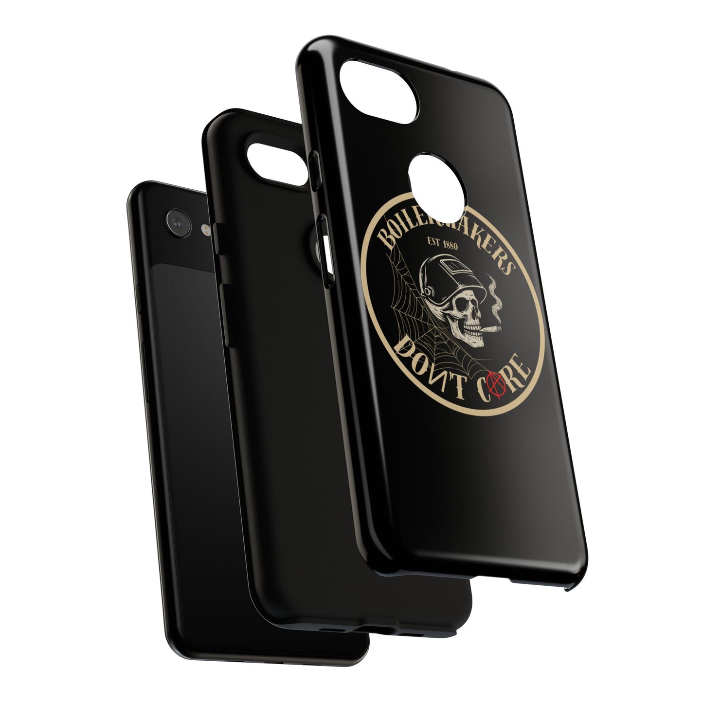 Boilermakers Don’t Care Phone Case — full-wrap skull design, drop-tested protection with attitude. Built tough for the hands that make the world work.