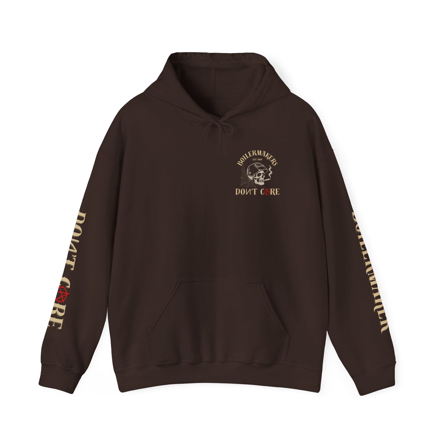Skull “Boilermakers Don’t Care” Hoodie — full-back skull and hammer design, bold sleeve prints on both arms. The original Renn Don’t Care classic.