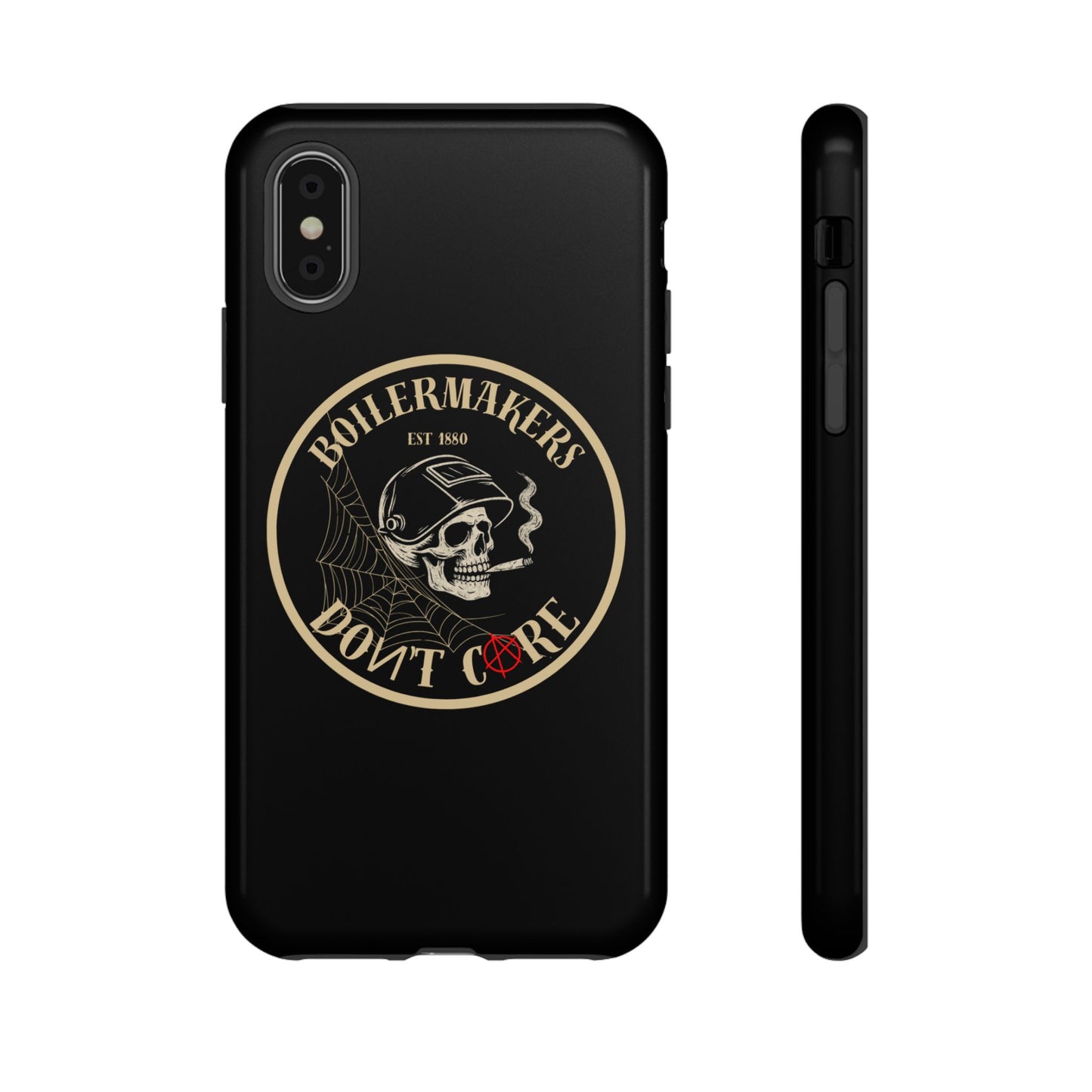 Boilermakers Don’t Care Phone Case — full-wrap skull design, drop-tested protection with attitude. Built tough for the hands that make the world work.