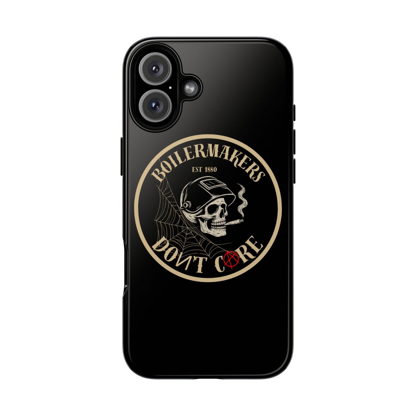 Boilermakers Don’t Care Phone Case — full-wrap skull design, drop-tested protection with attitude. Built tough for the hands that make the world work.