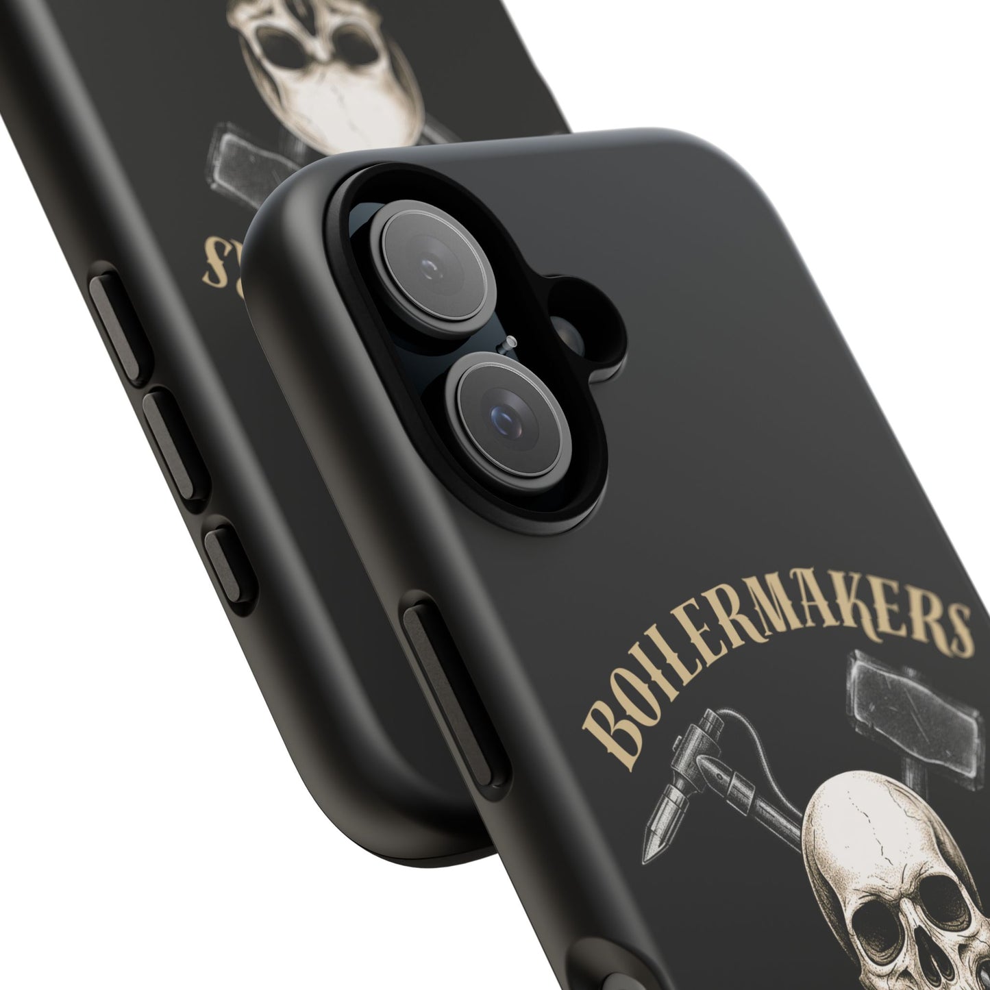 Boilermakers Don’t Care Tough Case — skull-and-hammer design, full-wrap protection built for the hard hands who keep the world running.