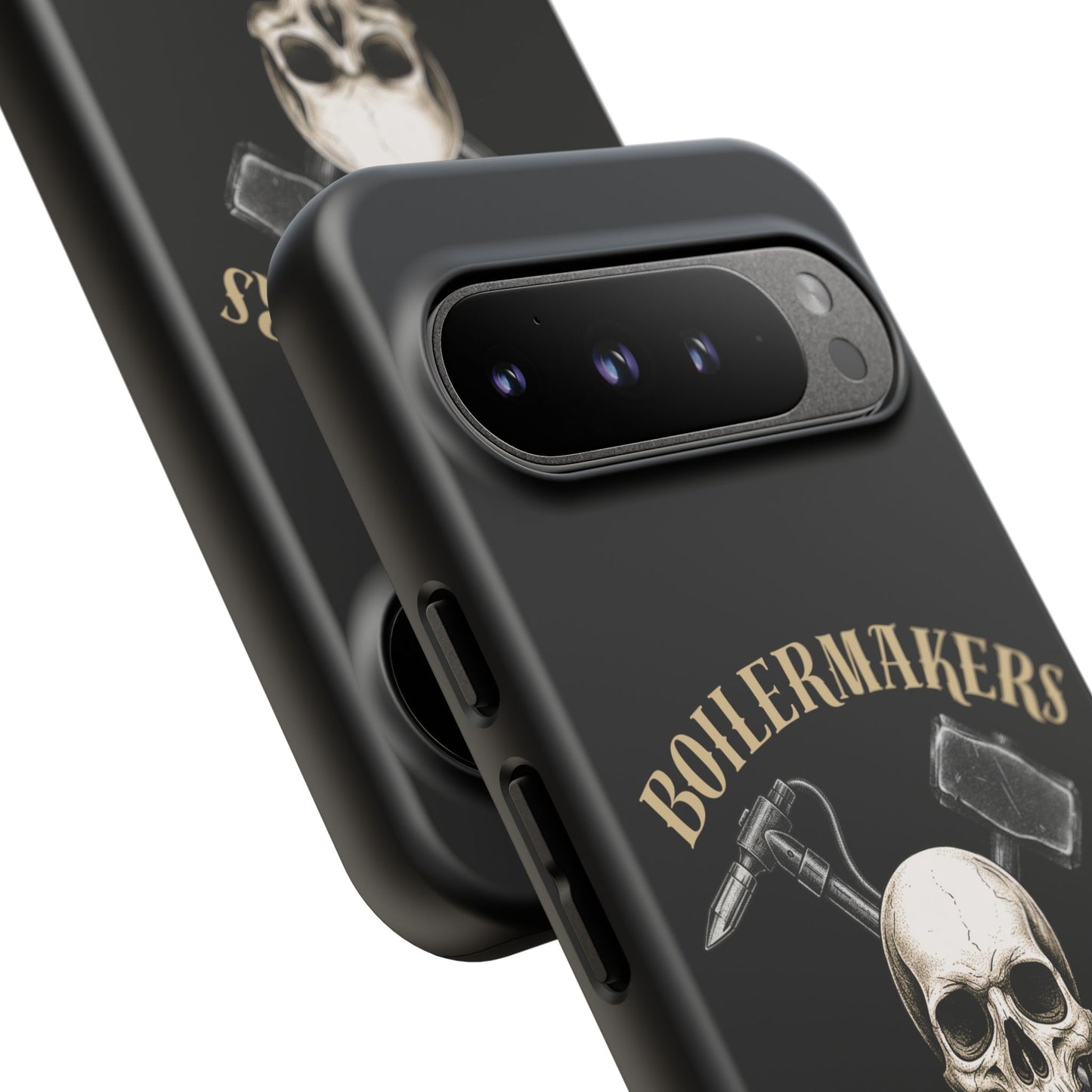 Boilermakers Don’t Care Tough Case — skull-and-hammer design, full-wrap protection built for the hard hands who keep the world running.