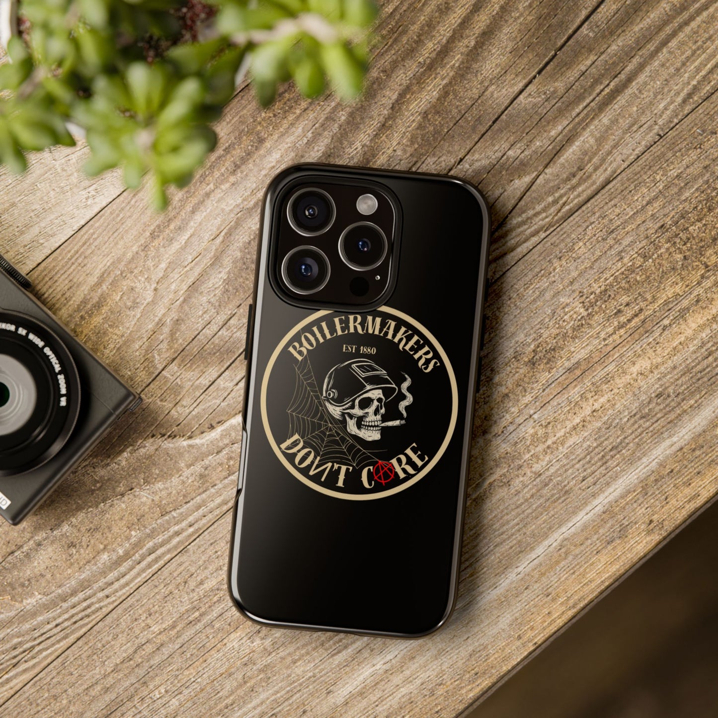 Boilermakers Don’t Care Phone Case — full-wrap skull design, drop-tested protection with attitude. Built tough for the hands that make the world work.