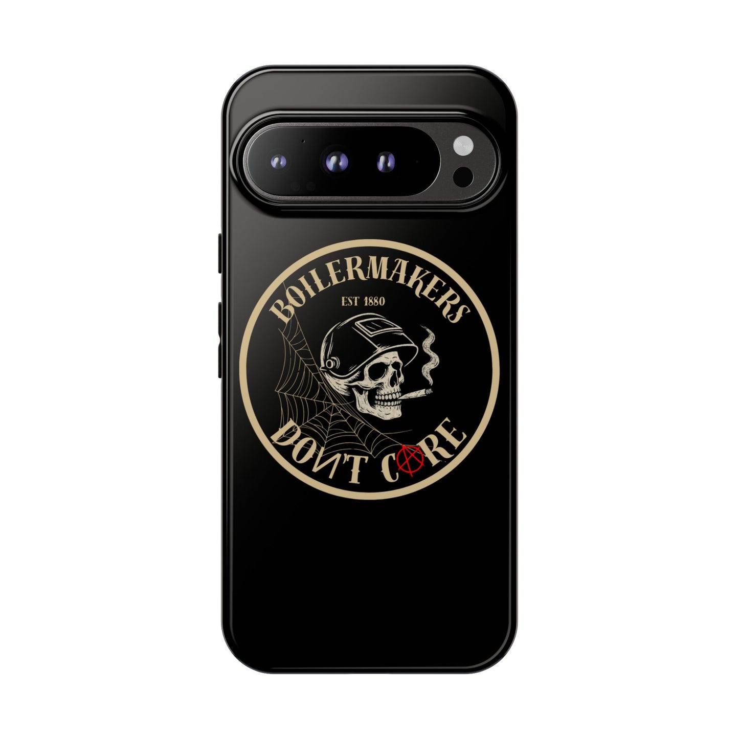 Boilermakers Don’t Care Phone Case — full-wrap skull design, drop-tested protection with attitude. Built tough for the hands that make the world work.