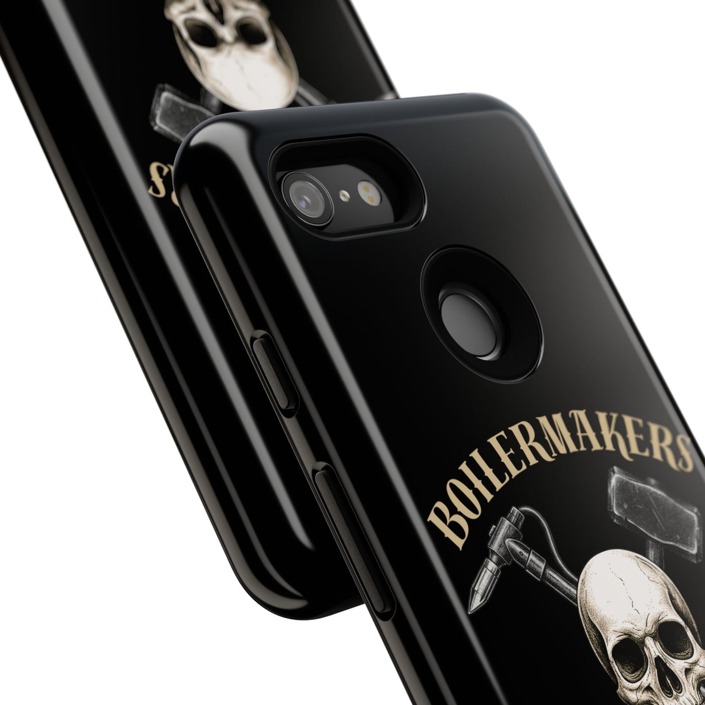 Boilermakers Don’t Care Tough Case — skull-and-hammer design, full-wrap protection built for the hard hands who keep the world running.