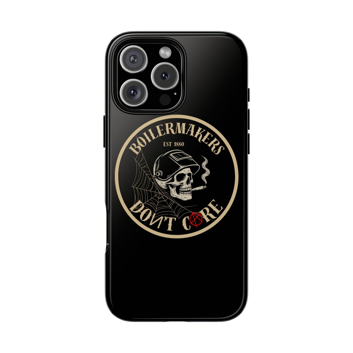 Boilermakers Don’t Care Phone Case — full-wrap skull design, drop-tested protection with attitude. Built tough for the hands that make the world work.