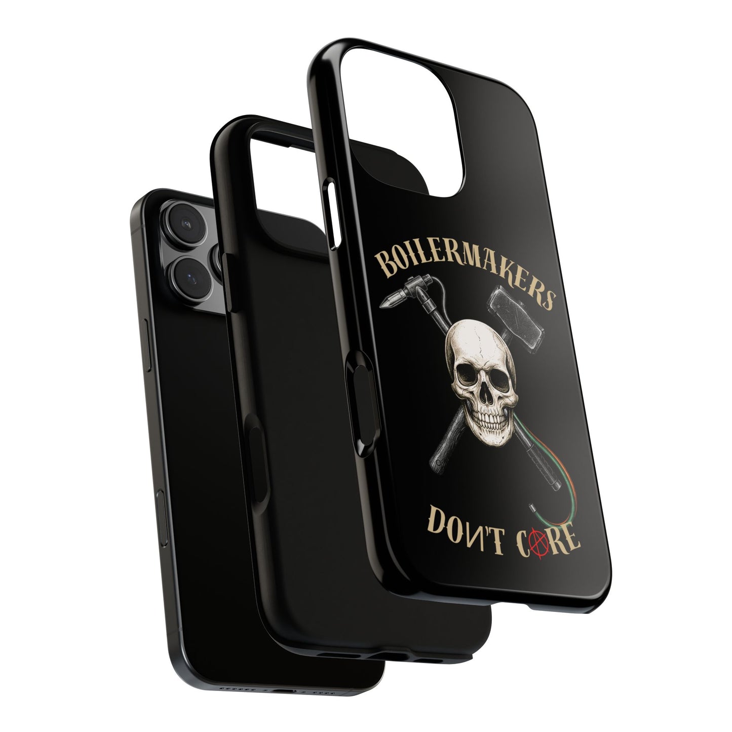 Boilermakers Don’t Care Tough Case — skull-and-hammer design, full-wrap protection built for the hard hands who keep the world running.