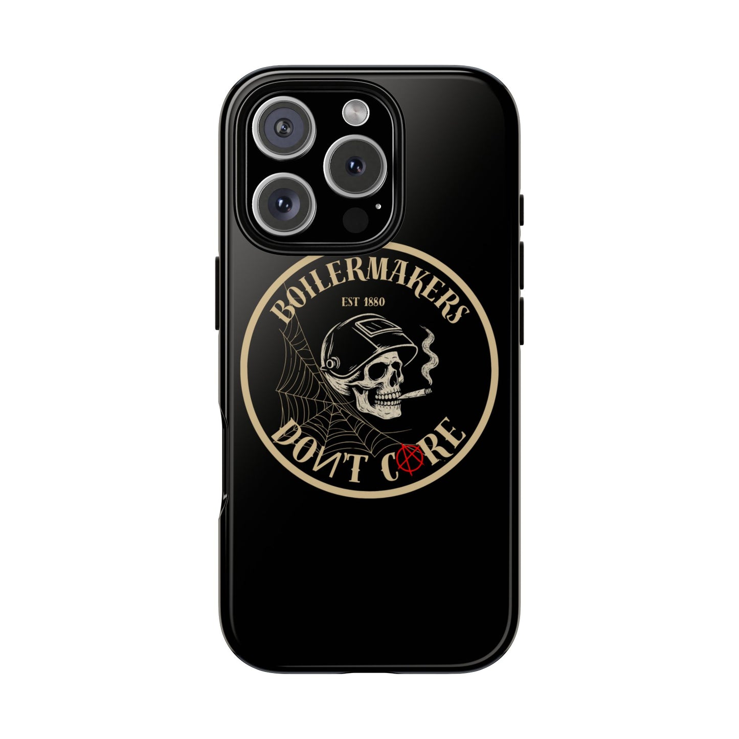 Boilermakers Don’t Care Phone Case — full-wrap skull design, drop-tested protection with attitude. Built tough for the hands that make the world work.