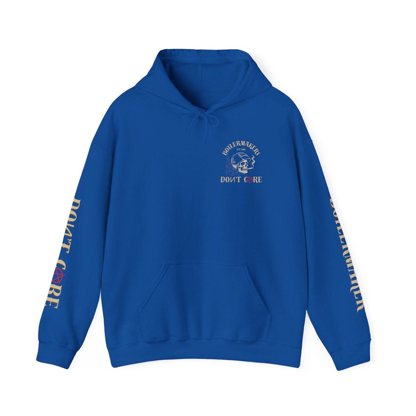 Skull “Boilermakers Don’t Care” Hoodie — full-back skull and hammer design, bold sleeve prints on both arms. The original Renn Don’t Care classic.