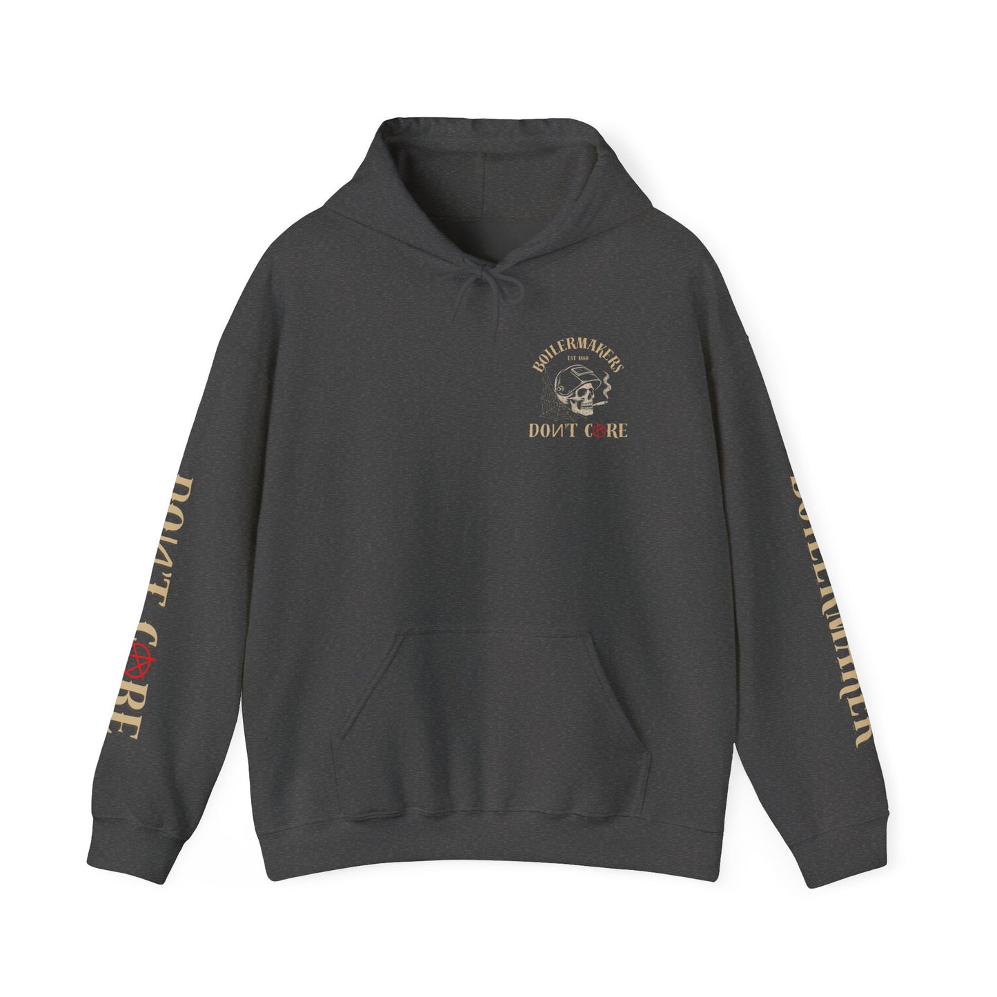 Skull “Boilermakers Don’t Care” Hoodie — full-back skull and hammer design, bold sleeve prints on both arms. The original Renn Don’t Care classic.