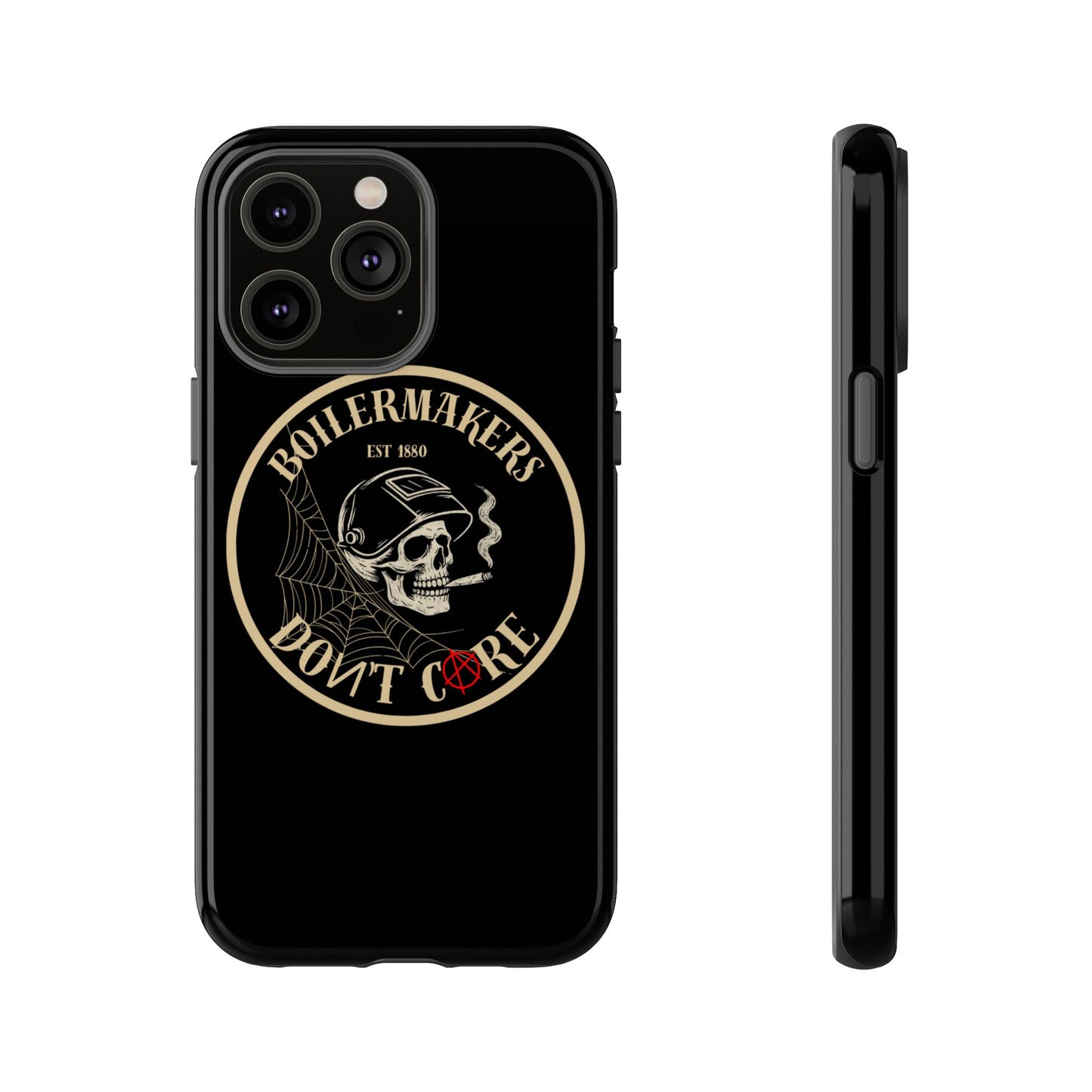 Boilermakers Don’t Care Phone Case — full-wrap skull design, drop-tested protection with attitude. Built tough for the hands that make the world work.