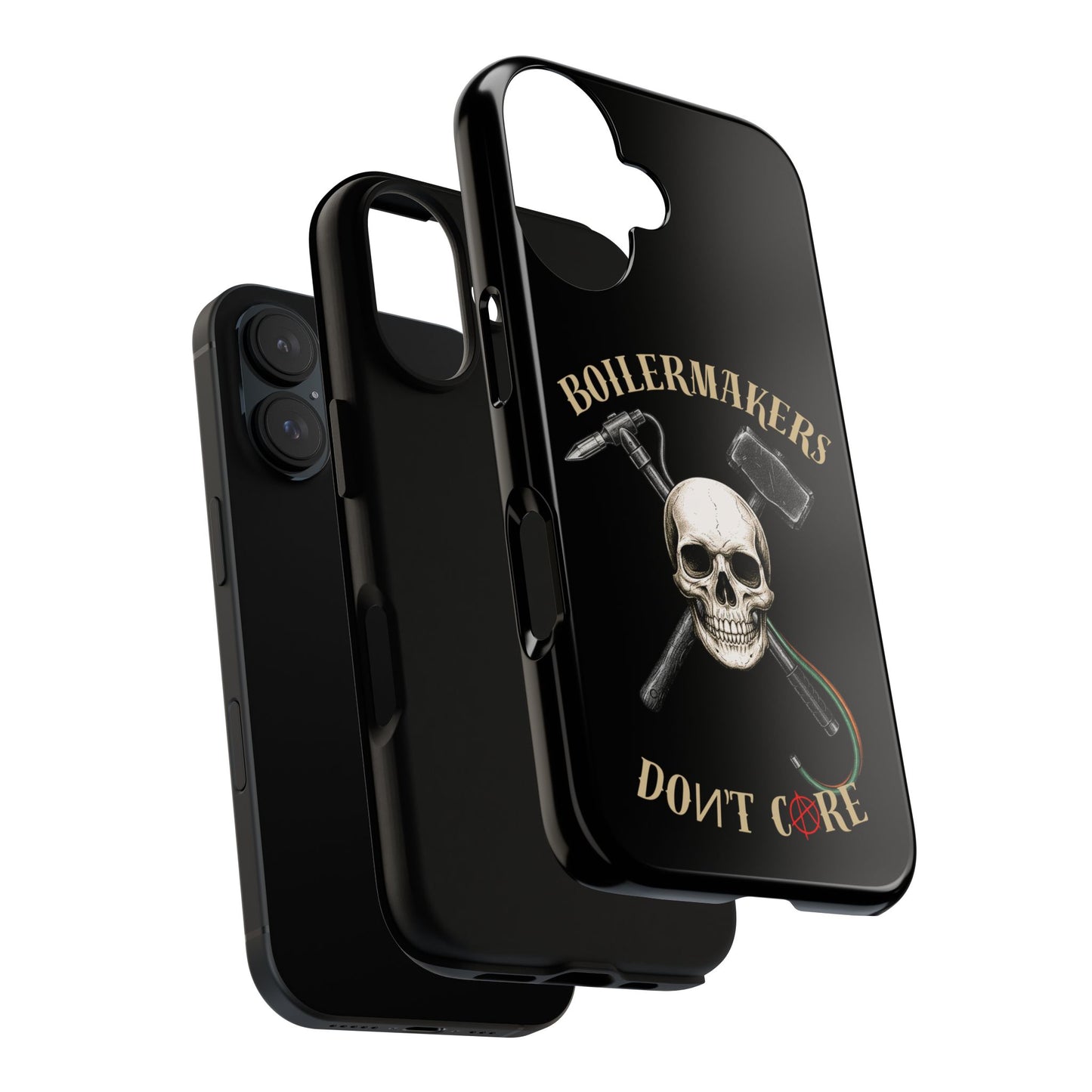 Boilermakers Don’t Care Tough Case — skull-and-hammer design, full-wrap protection built for the hard hands who keep the world running.
