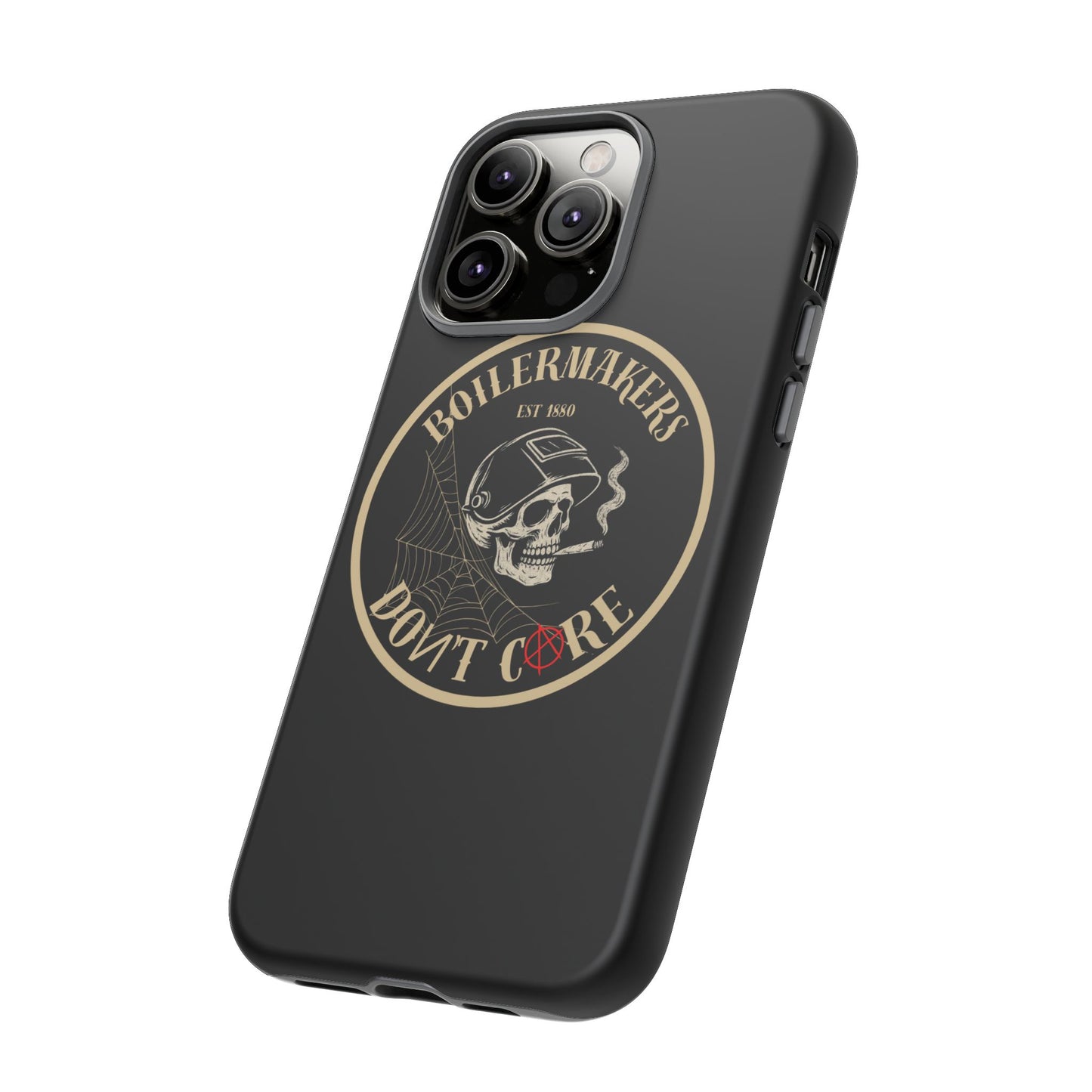 Boilermakers Don’t Care Phone Case — full-wrap skull design, drop-tested protection with attitude. Built tough for the hands that make the world work.