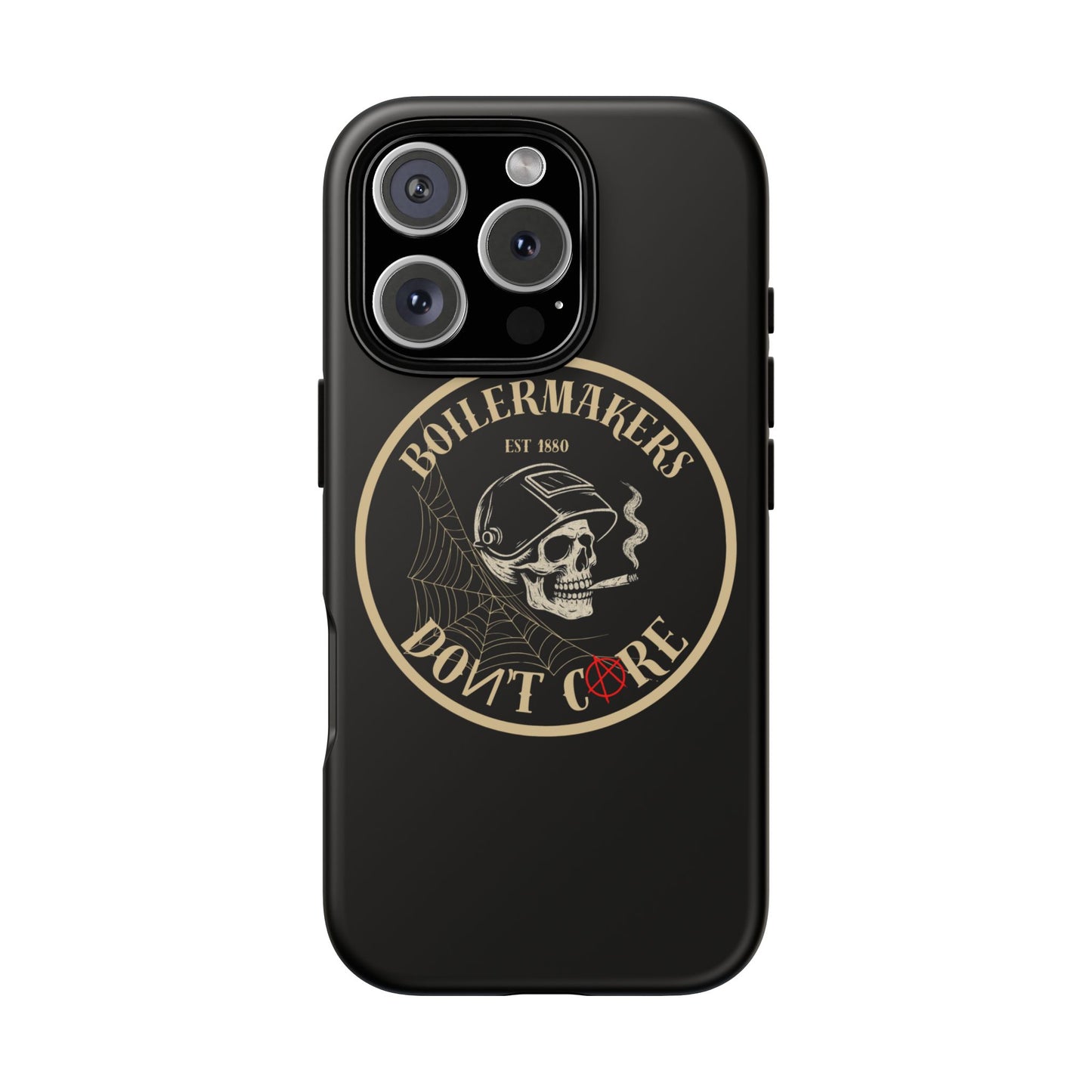Boilermakers Don’t Care Phone Case — full-wrap skull design, drop-tested protection with attitude. Built tough for the hands that make the world work.