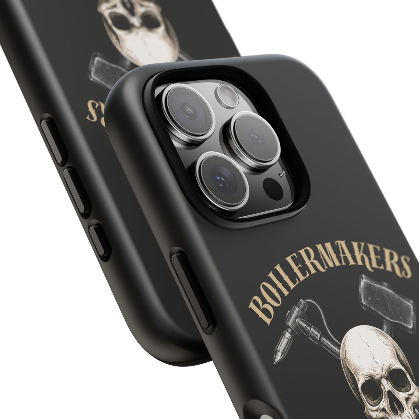 Boilermakers Don’t Care Tough Case — skull-and-hammer design, full-wrap protection built for the hard hands who keep the world running.