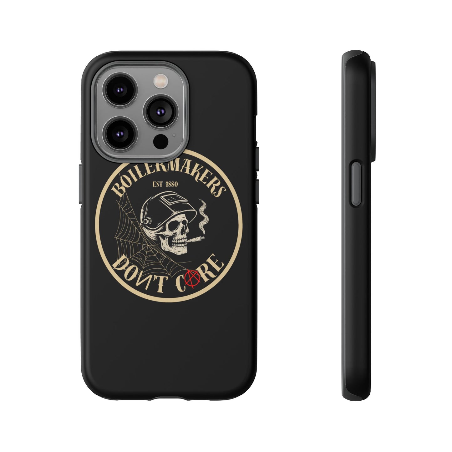 Boilermakers Don’t Care Phone Case — full-wrap skull design, drop-tested protection with attitude. Built tough for the hands that make the world work.